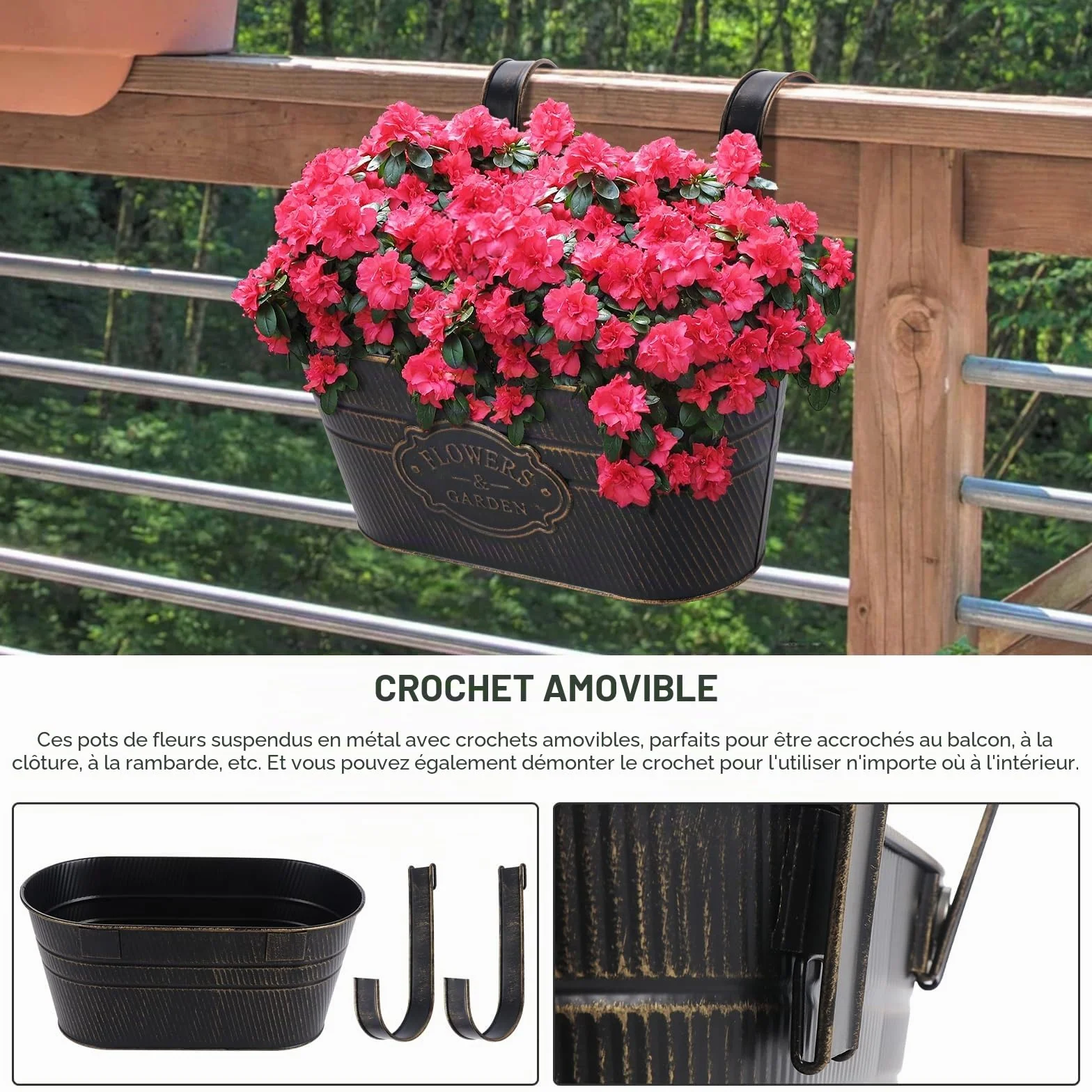 Lot de 4 Jardinières Suspendues Métal avec Crochets Amovibles pour Plantes Balcon Jardin