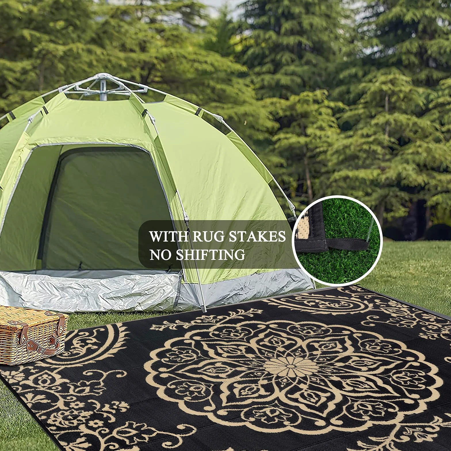 Pauwer Tapis d'extérieur imperméable 2,4 x 3 m – Tapis réversible en paille en plastique pour extérieur, camping, camping-car, pique-nique, jardin, terrasse, balcon, porche