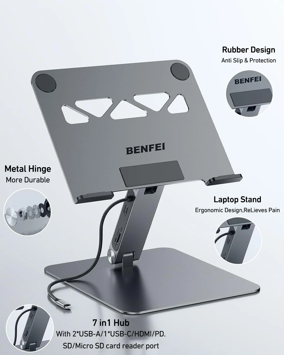 BENFEI Support pour ordinateur portable avec Station d'accueil USB C 7en1, HDMI 4K@60Hz, 100W PD, 10Gbps USB C 3.2 & USB A 3.2 Compatible MacBook Pro Air iPad Pro XPS Thinkpad