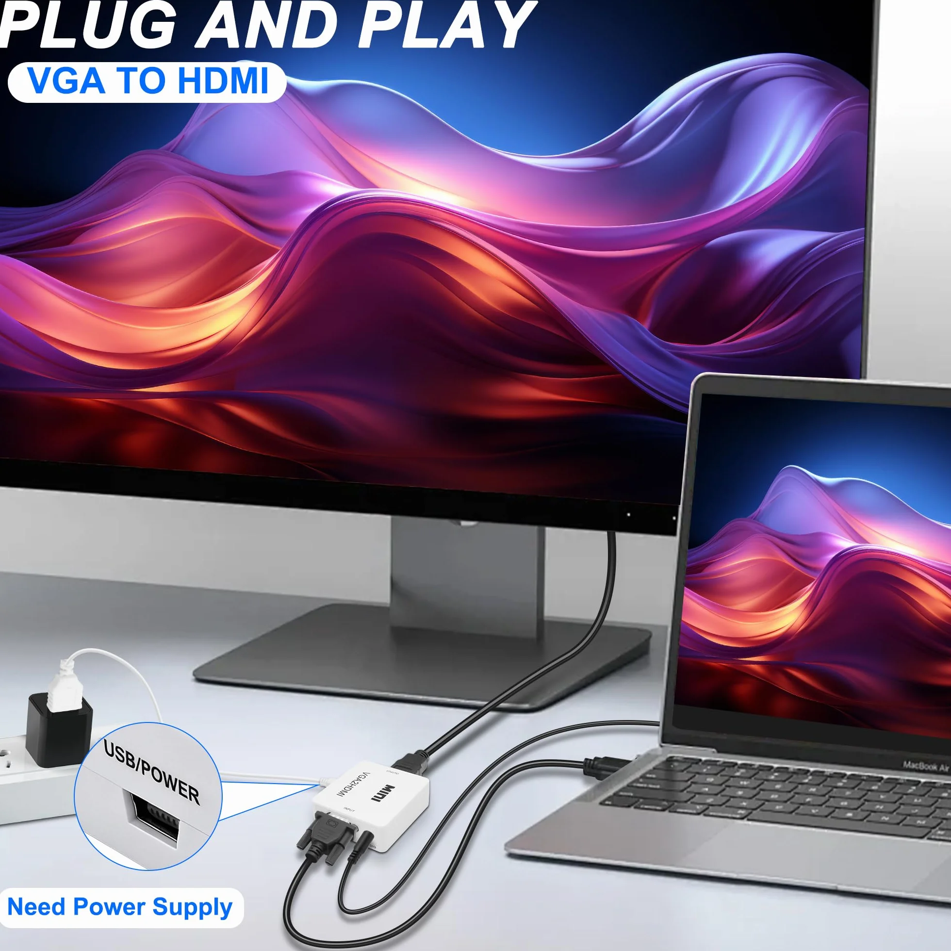 Convertisseur VGA vers HDMI 1080p avec port audio 3,5 mm pour PC, ordinateur portable, projecteur (blanc)