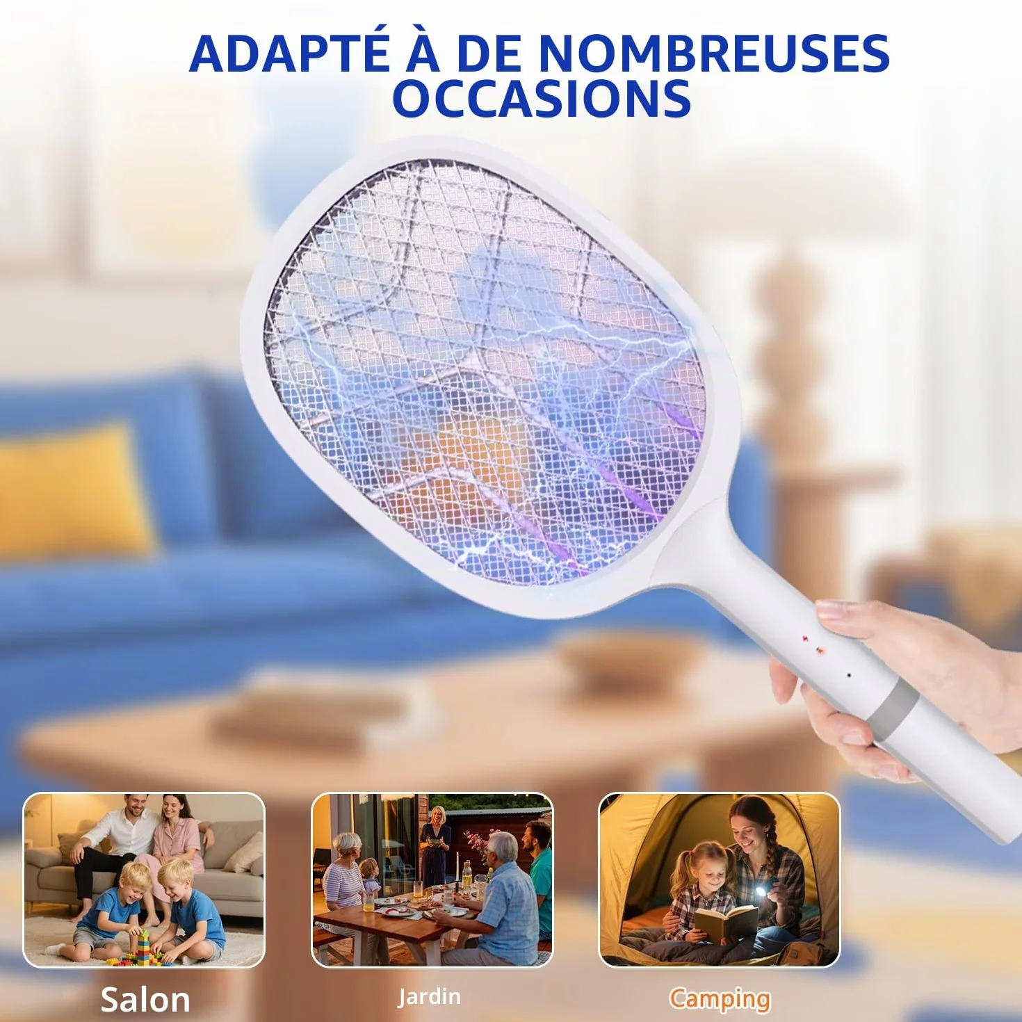 Raquette Electrique Insectes 4800V Tapette Moustique avec Piège Lumière UV Rechargeable USB 2000mAh Blanc