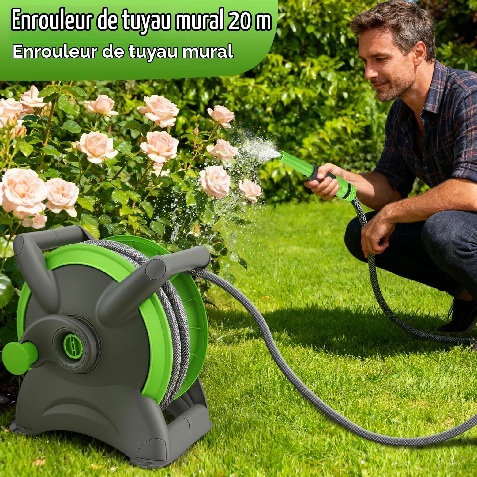 Enrouleur de Tuyau d'arrosage pour Jardin 20M, Tuyau Arrosage avec Enrouleur Mural, avec Support+Poignée-Dévidoir pour Tuyau 180° Dévidoir de Tuyaux d'Eau Buse pour Arroser Pelouse Jardin