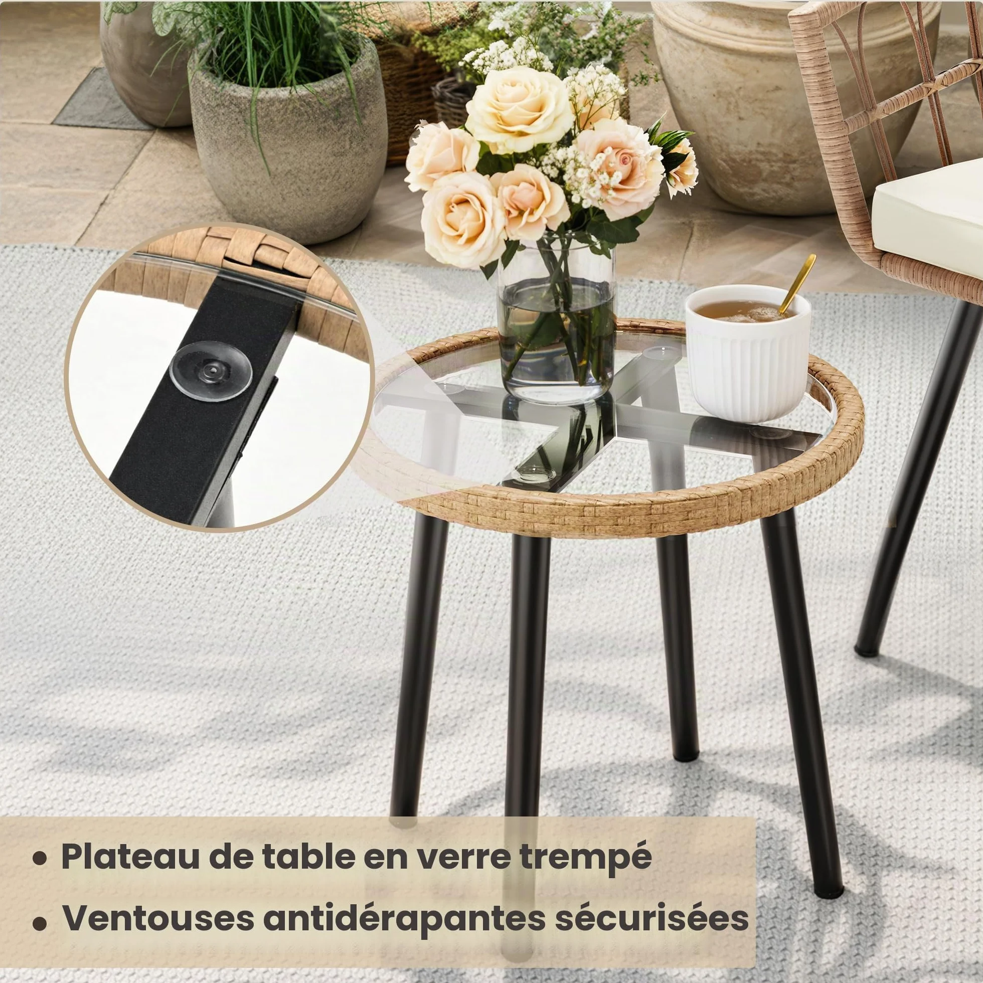 Pamapic Salon de Jardin 3 Pièces Ensemble Meubles de Jardin en Rotin avec Table Ronde et 2 Chaises