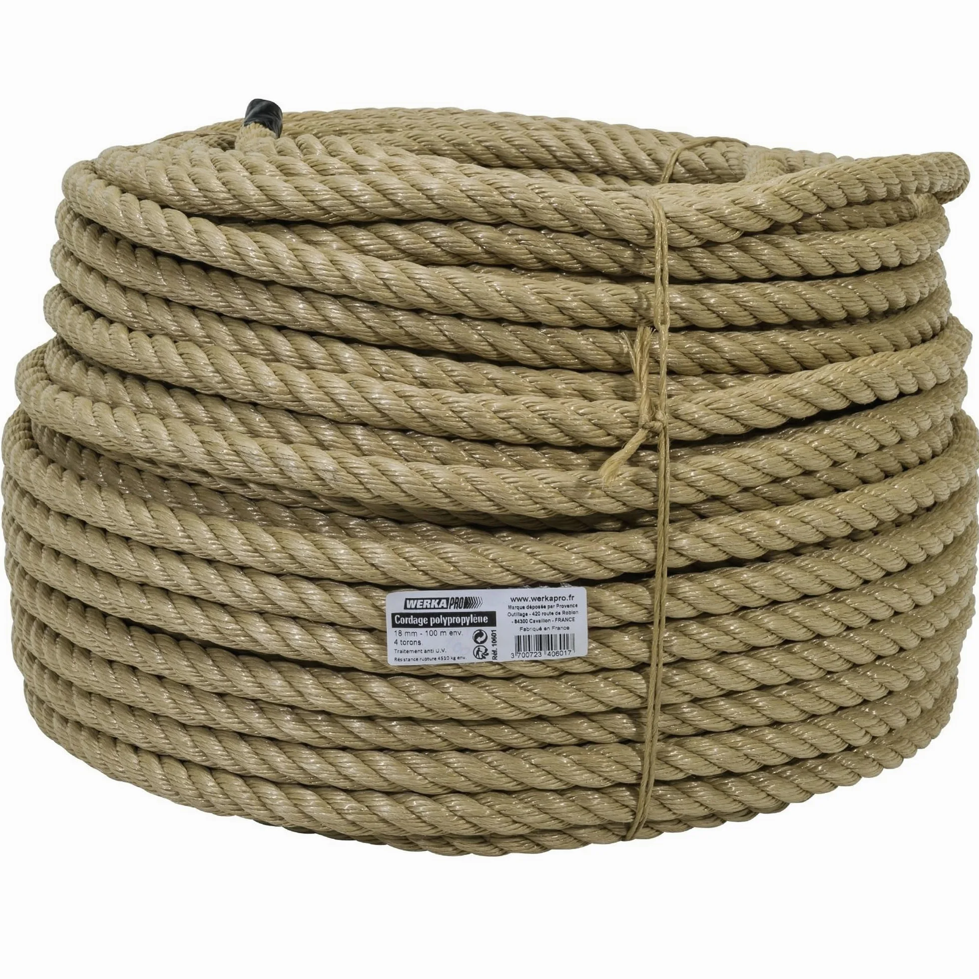 WERKA PRO Corde Polypropylène Ø18mm x 100m - Résistance 4510kg - Traitement Anti-UV - 4 Torons - Usage Arrimage Fixation Bric
