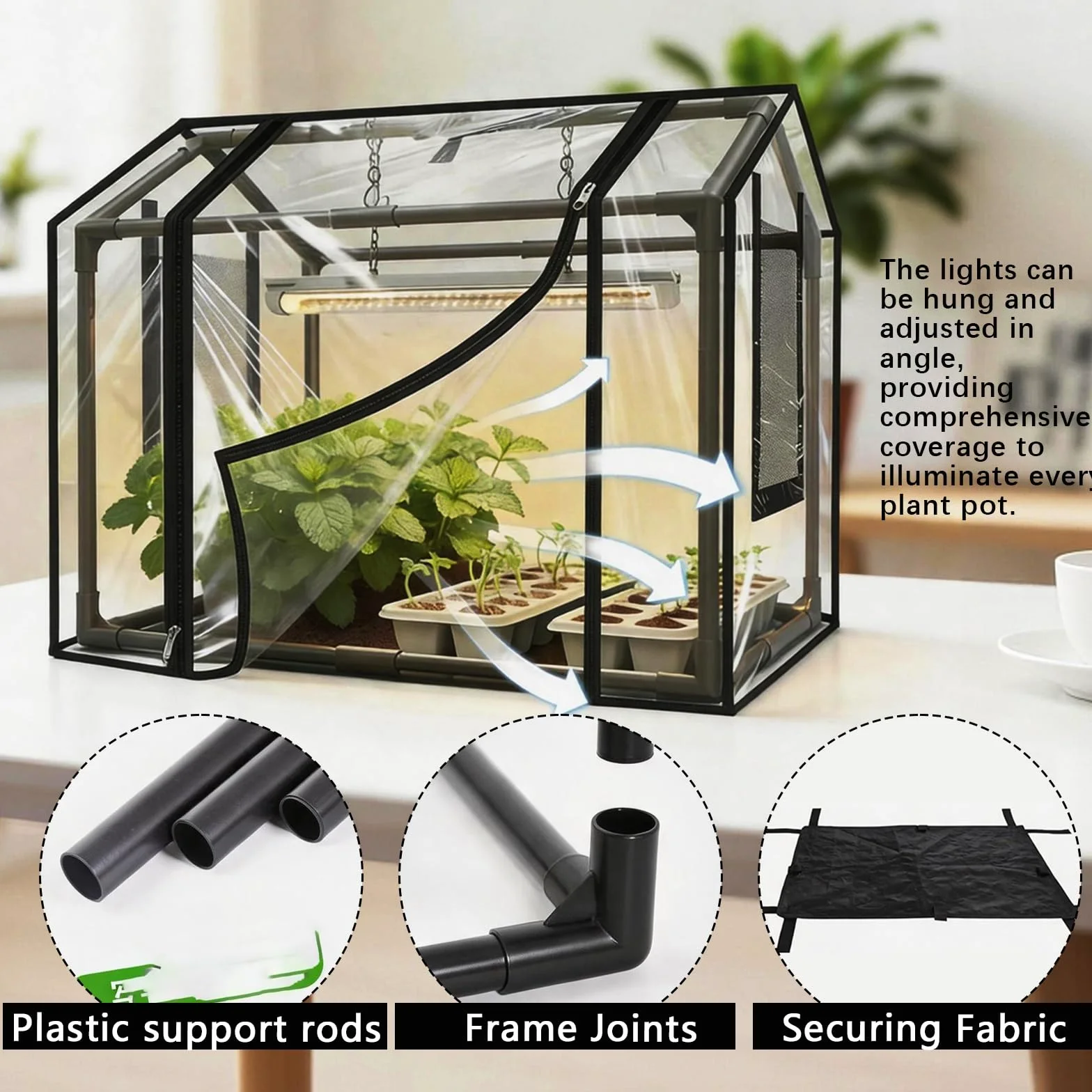Kit de Plantation, Serre de Jardin 60 x 40 x 50 cm avec Six Petits Pots de Fleurs et Lampes pour Plantes Mini Serre de Jardin PVC Housse pour Plantes Isolante Transparente pour Jardin et Balcon
