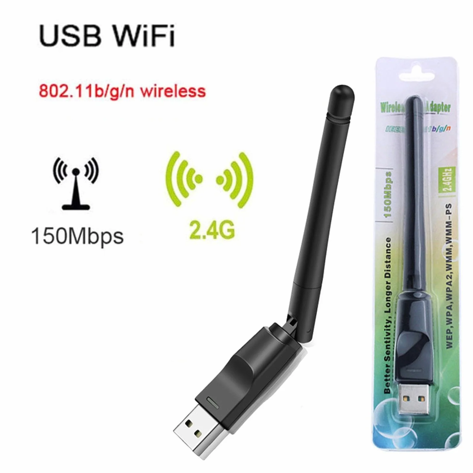 Adaptateur Wifi USB 150 Mbps 2,4 GHz Dongle Sans Fil Grande Antenne Carte Réseau Externe Puce Mt7601