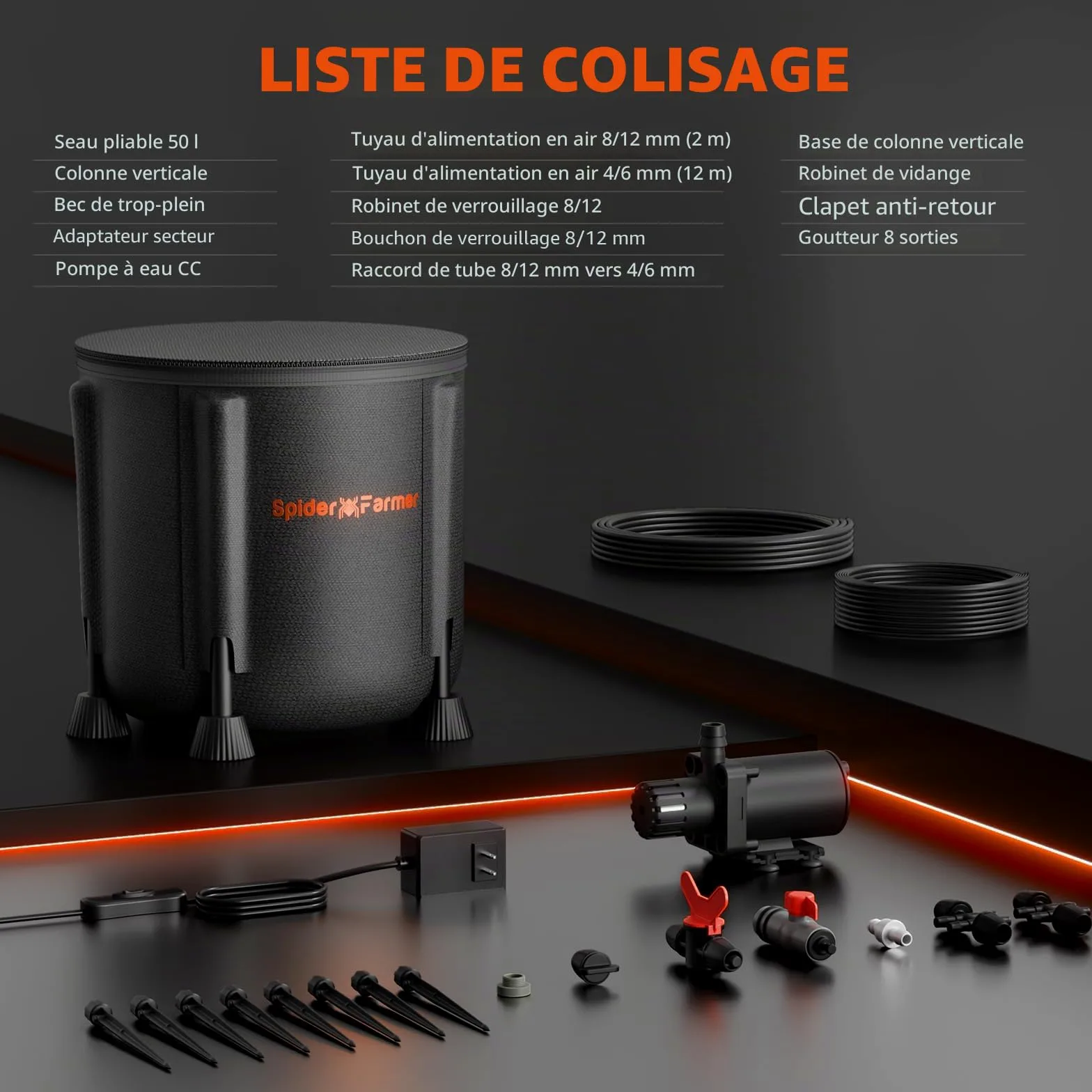 Kit de système d'irrigation automatique Spider Farmer avec pompe à eau 25 W, seau 13 gallons, capteur de faible niveau d'eau, système d'arrosage intérieur complet