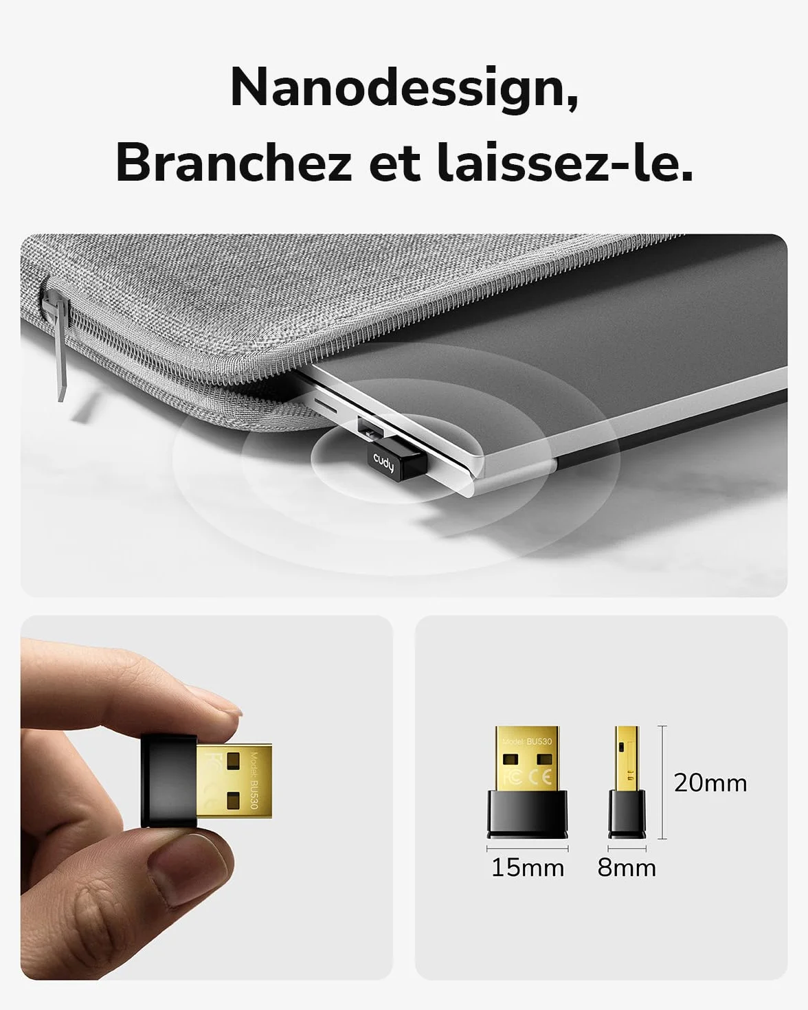 Cudy Adaptateur USB Bluetooth 5.3 Nano Plug and Play pour PC Windows 11/10/8.1/7
