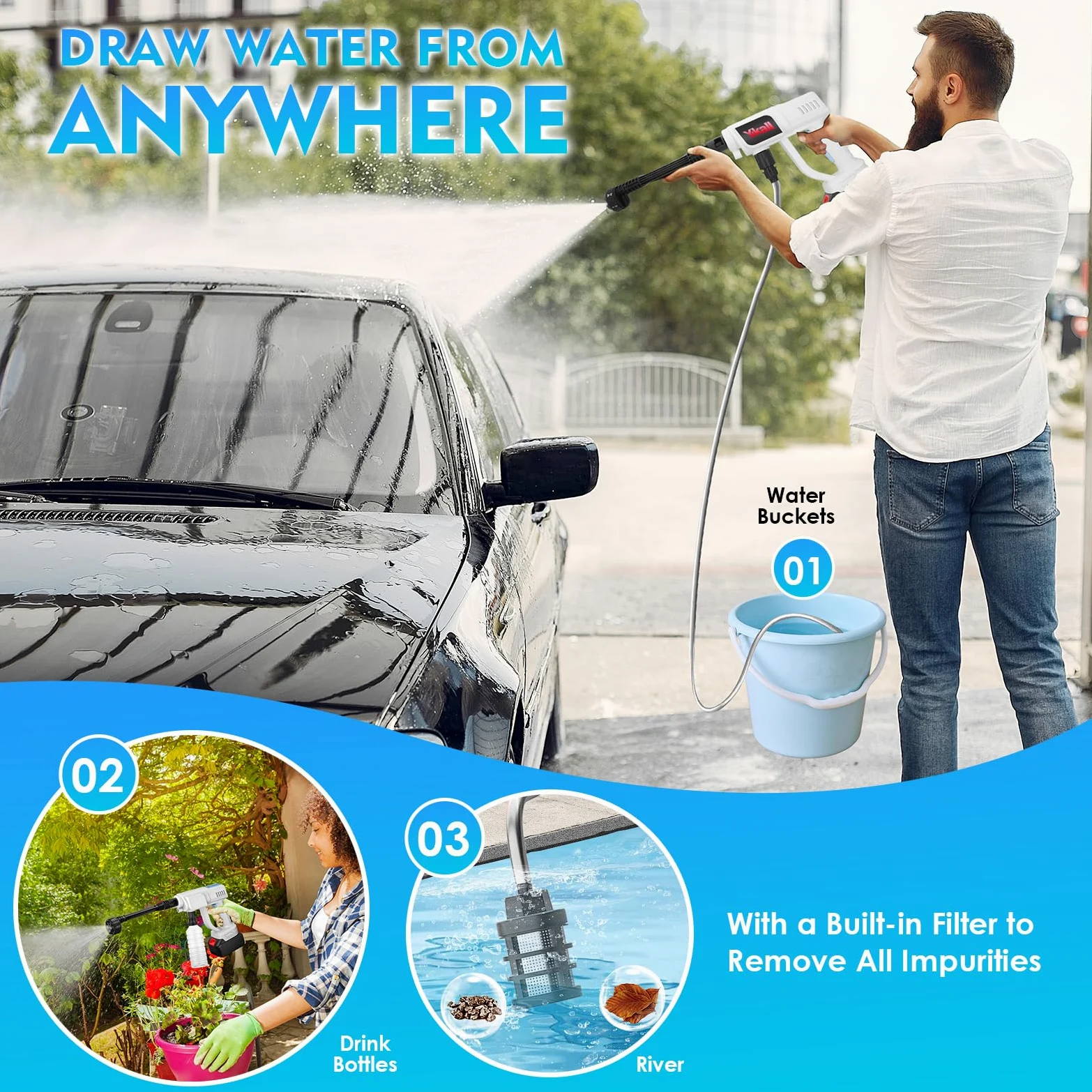 Nettoyeur Haute Pression Portable sans Fil, 6-en-1 Buse Multifonction | Buse 6-en-1, batterie longue durée et tuyau 5 m. Parfait pour la voiture, le jardin, les vitres et la piscine.