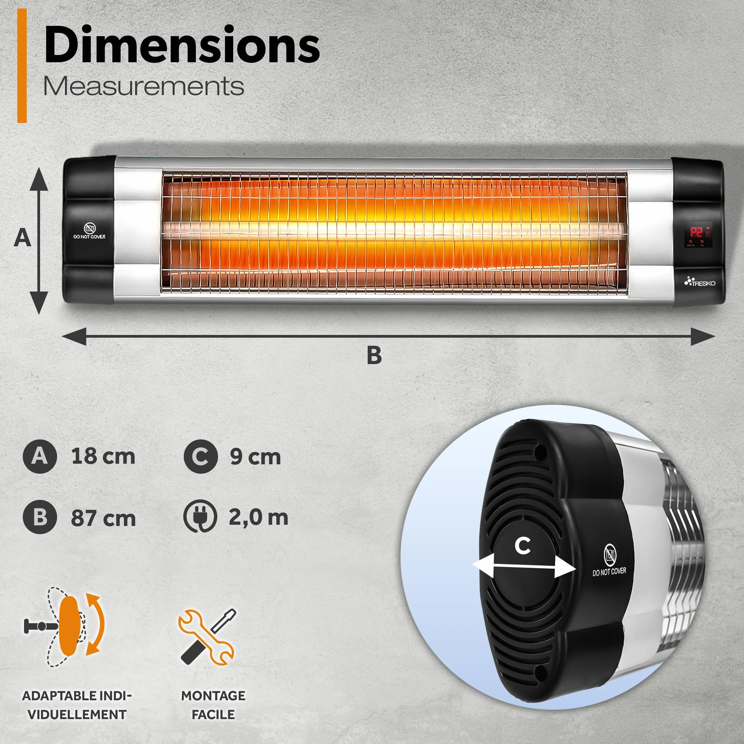 TRESKO Radiateur infrarouge extérieur 2500W Chauffage radiant terrasse murale télécommande 3 niveaux Argent