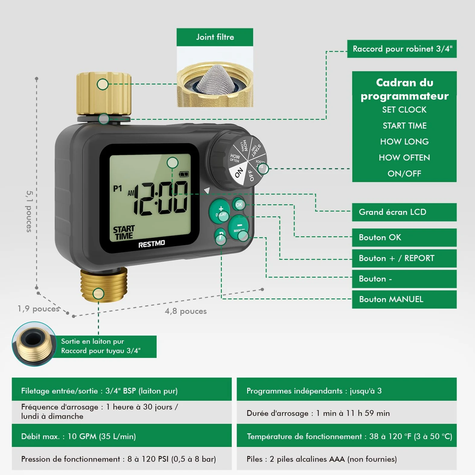 RESTMO Programmateur arrosage 1 Zone avec Puce RF intégrée et télécommande | Entrée et sortie en laiton, mode automatique/manuel/retardateur pluie, convient aux robinets extérieurs