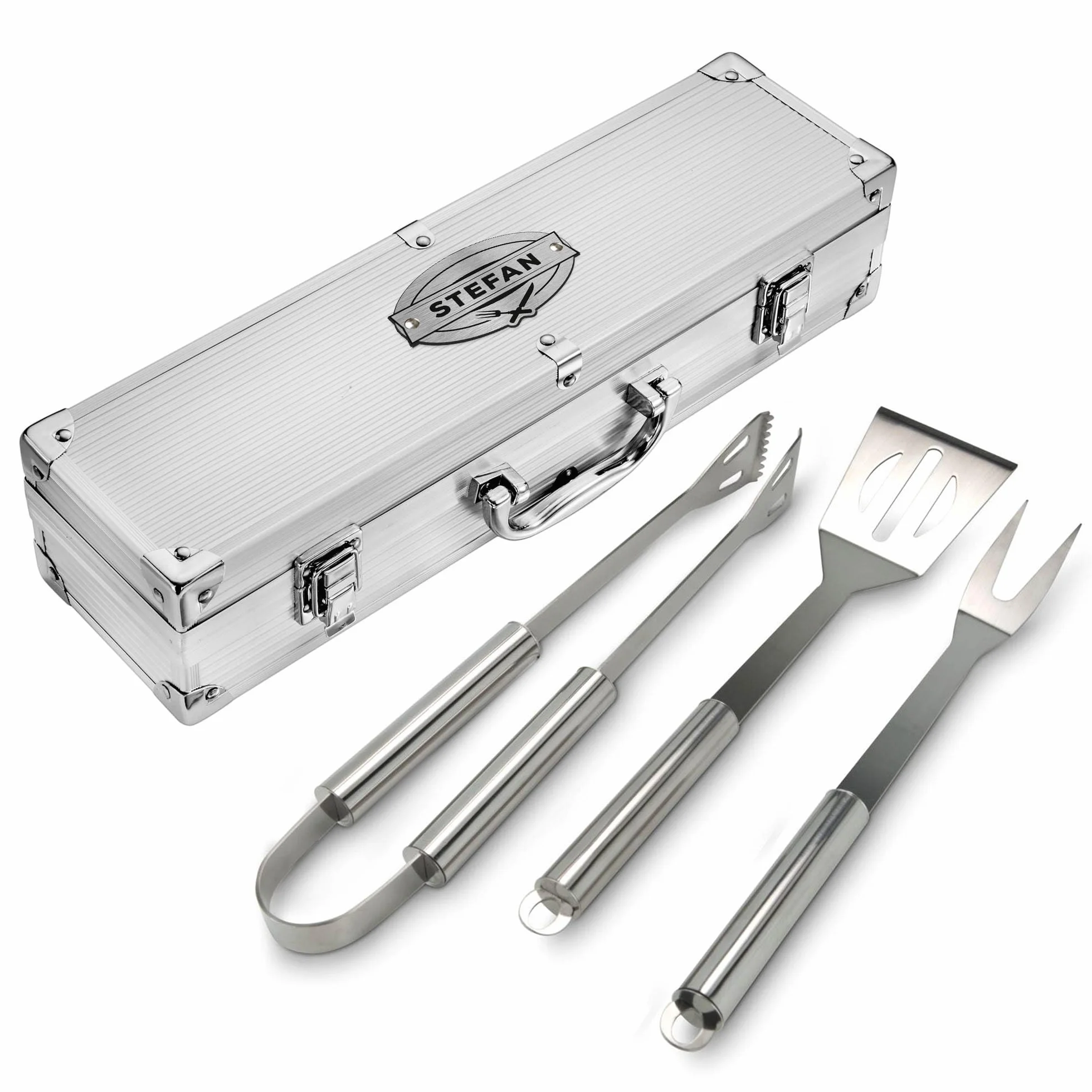 Casa Vivente Coffret d'Ustensiles pour Grillades, Fourchette, Pince, Spatule, Gravure Personnalisée, 37x10x8,5 cm