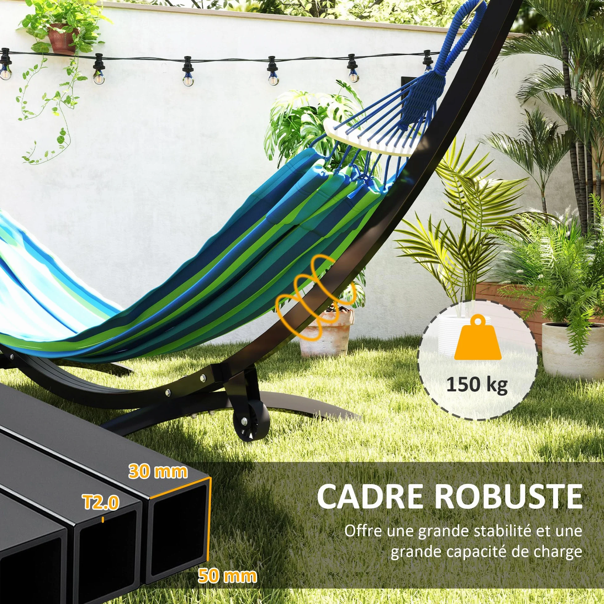 Outsunny Support de hamac en métal avec Roues, 150 kg, 337 x 118 x 118 cm Noir