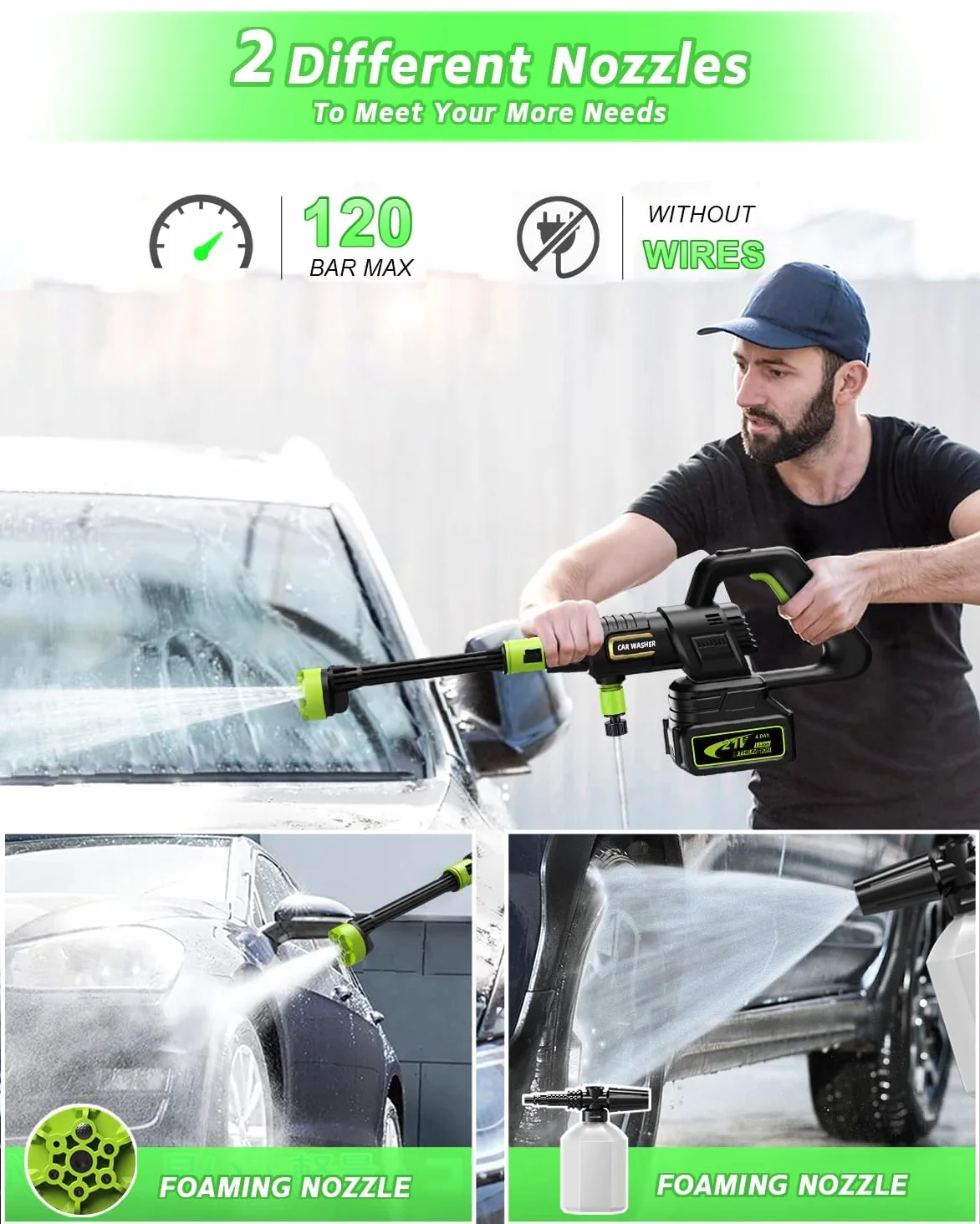 Nettoyeur Haute Pression sur Batterie 4000mAh, Max 120Bar Nettoyeur Haute Pression sans Fil avec Moteur sans Balais, 3 Niveaux Réglables, pour Lavage de Voiture et Nettoyage du Jardin