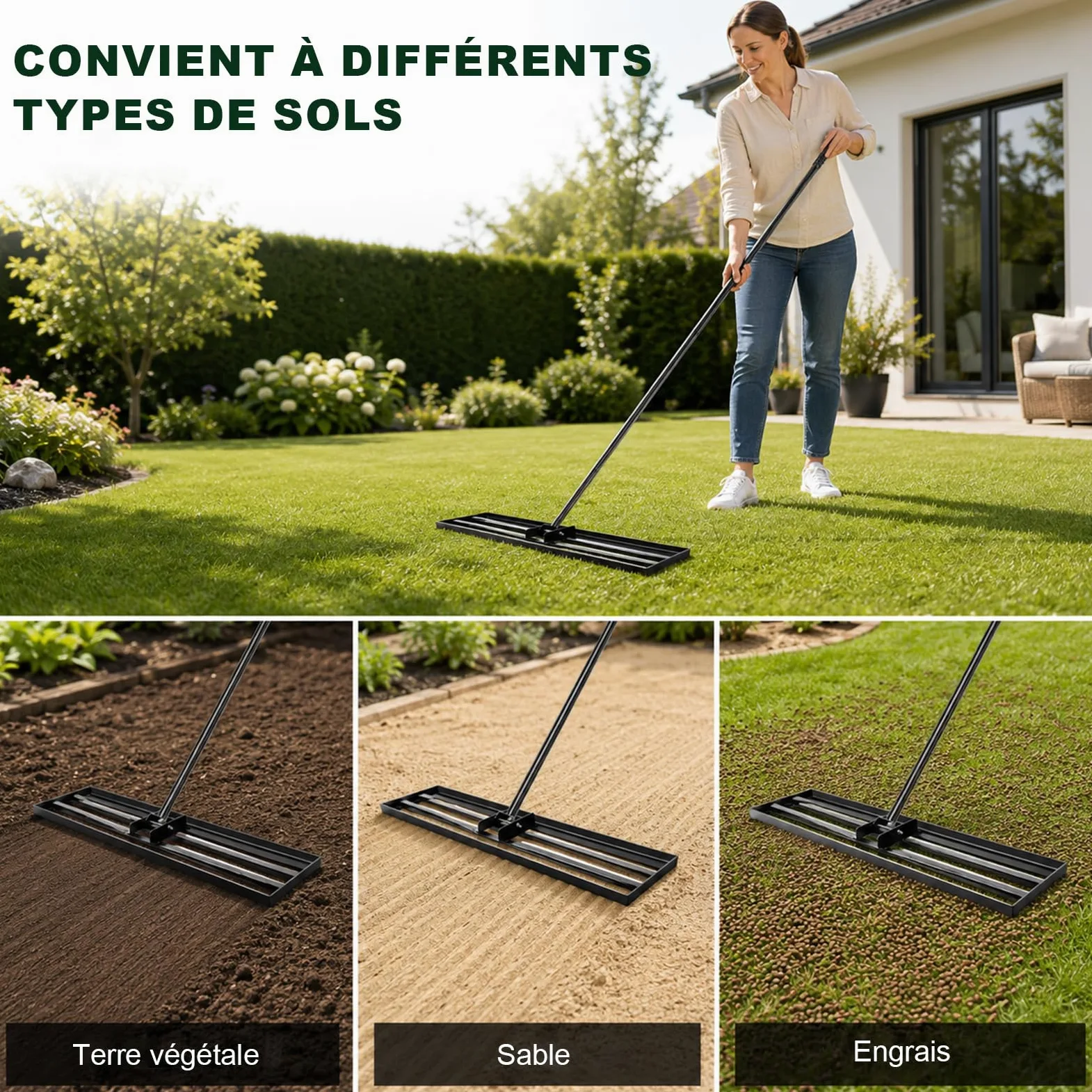 Râteau Niveleur de Gazon 114,3 × 25,4 cm avec Manche en Acier Inoxydable 213 cm, Râteau de Nivellement Extra Large pour Pelouse, Terre, Sable et Terreau, Outil de Jardin Robuste pour Grandes Surfaces