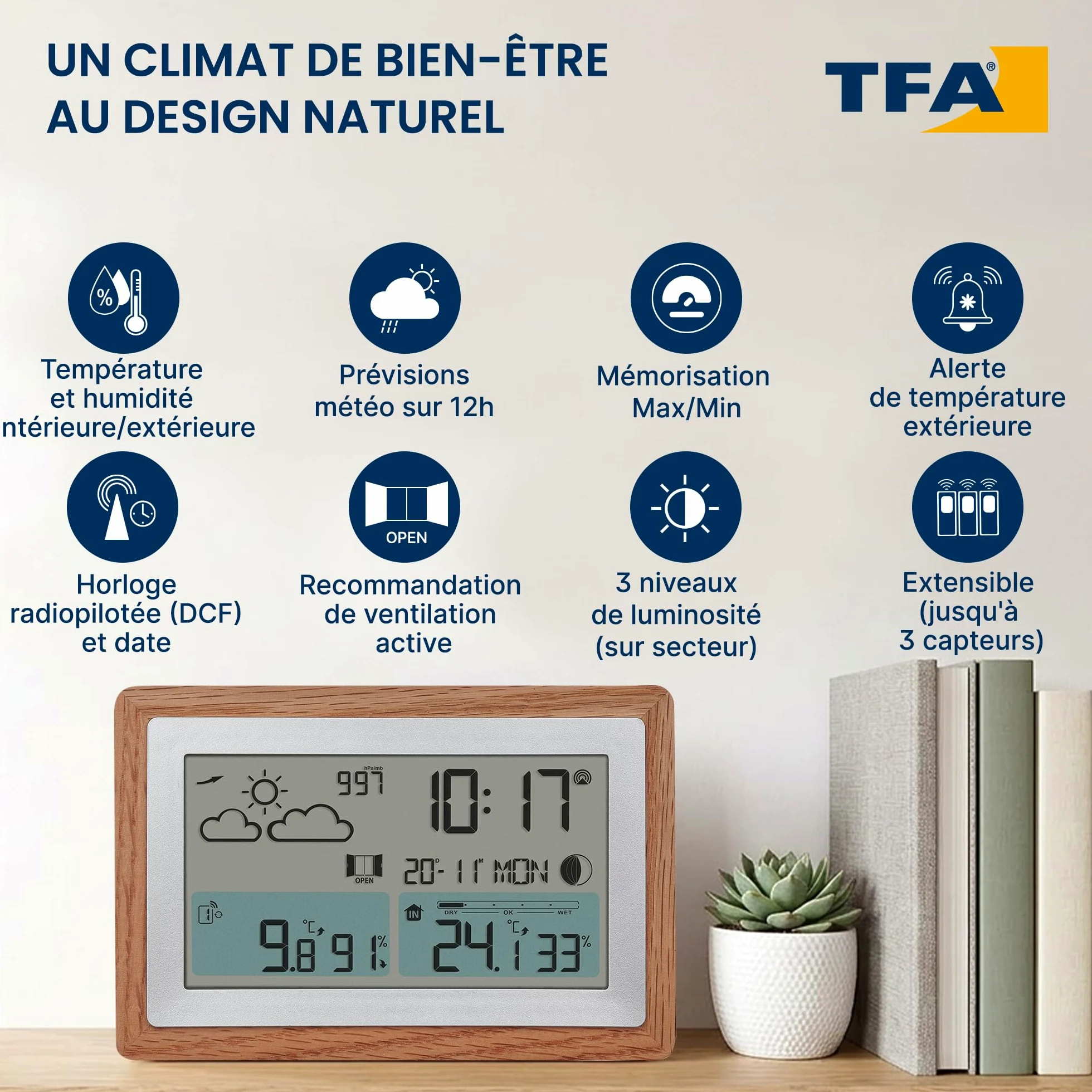 TFA Dostmann Station météo numérique, capteur extérieur sans Fil Oak, 35.1167.54, avec Cadre en Bois, température int./ext., recommandation de Ventilation, Horloge Radio-pilotée et réveil, Brun