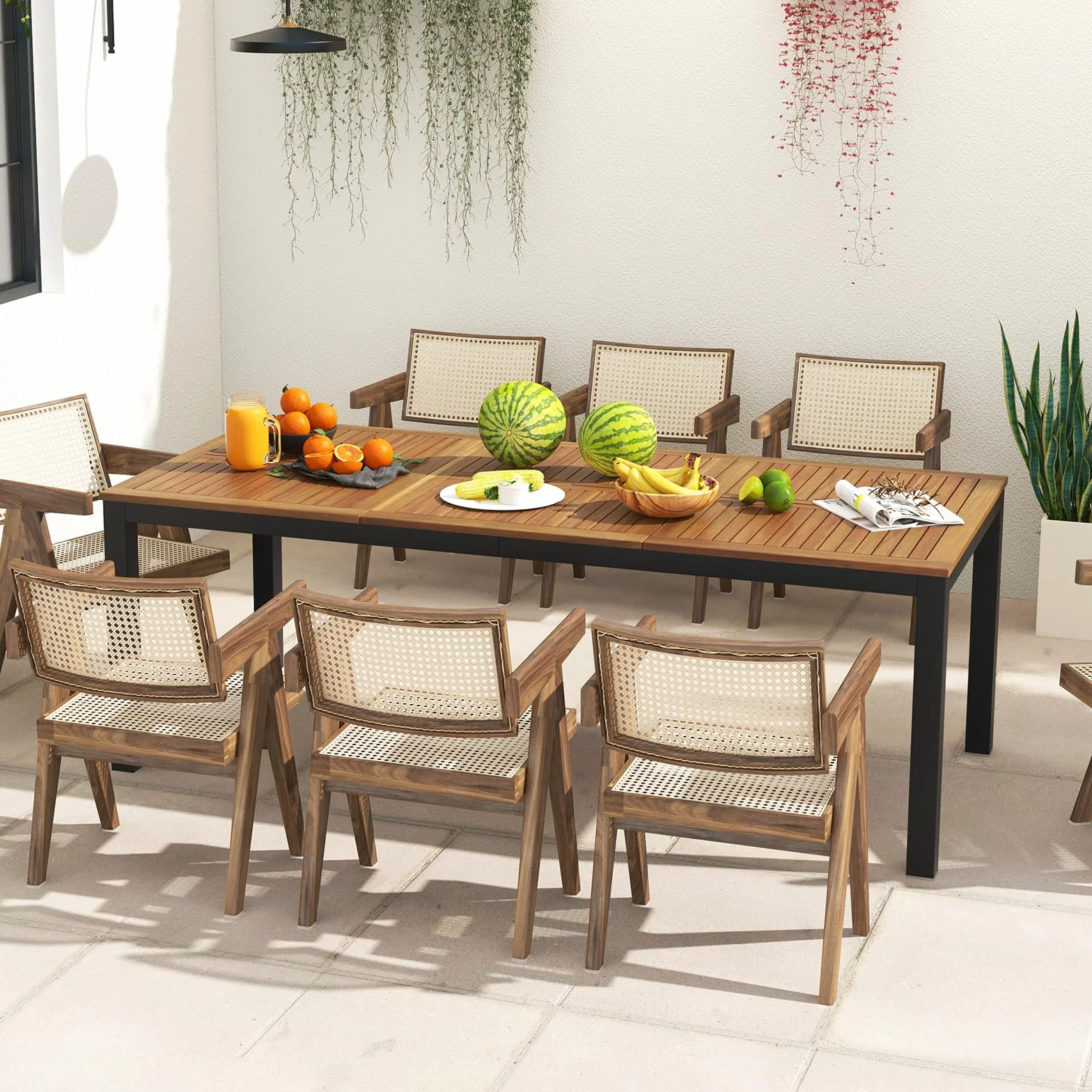 COSTWAY Table de Jardin 200 CM 8 Personnes, Table Exterieur en Bois d’Acacia avec Trou de Parasol, Pieds Métal