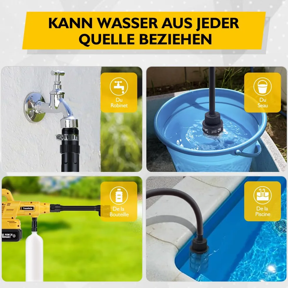 Nettoyeur Haute Pression à Batterie 21V, 68 Bar / 990 PSI, avec 2 Batteries de 4000 mAh, Ensemble d'accessoires de 17 pièces, Tige d'allongement,Jaune foncé | Moteur sans balais, buse rotative à 180°/360°, buse 6 en 1, raccord de bouteille, barre d'extens