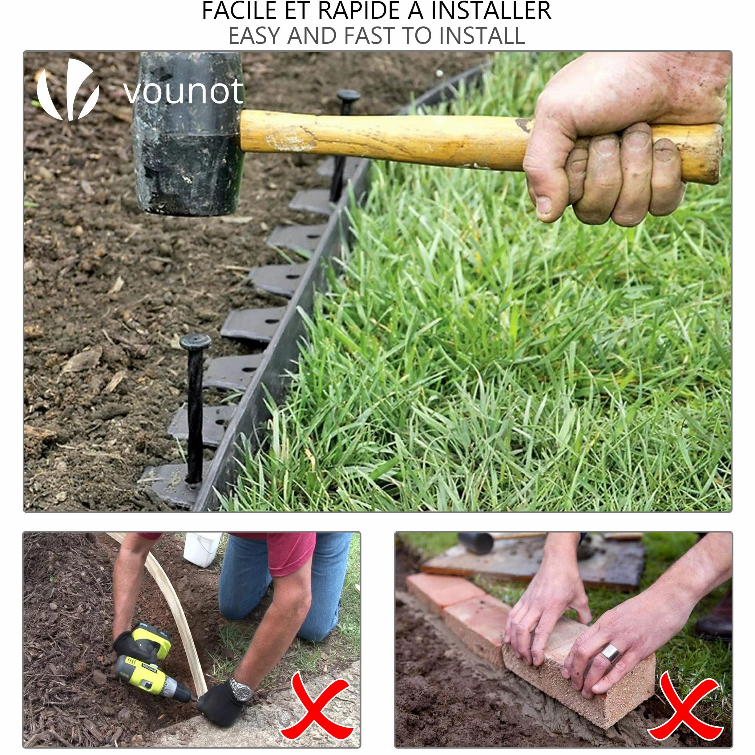 VOUNOT Bordure de Jardin en Plastique 10 mètres avec 30 Piquets d'ancrage Bordurette de Pelouse & Toile de Paillage avec 30pcs de Piquets Contre Les Mauvais Herbes 10Mx2M