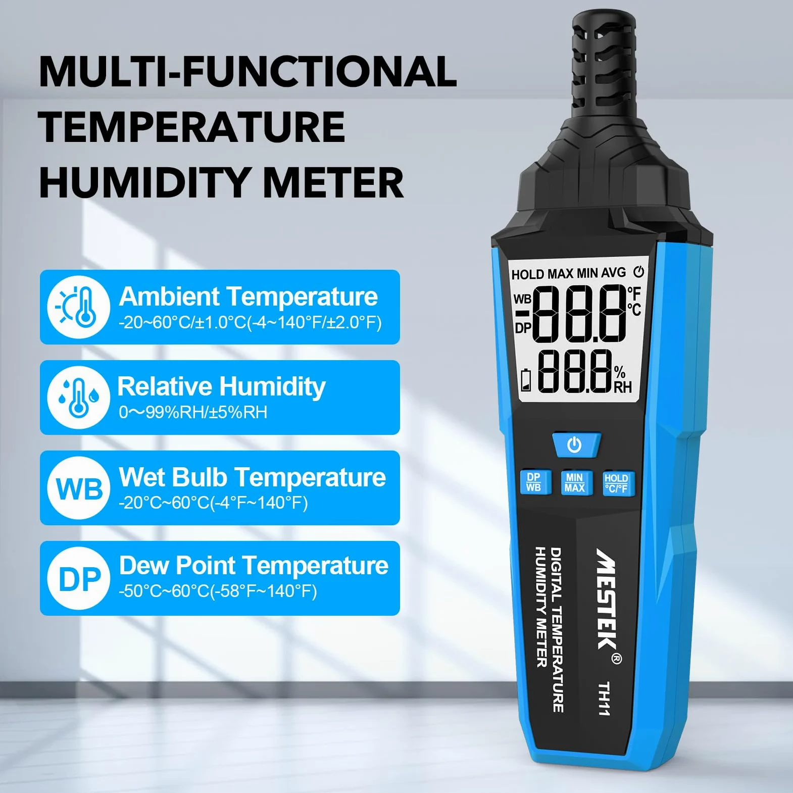 MESTEK Thermomètre Hygromètre Intérieur Extérieur, Thermo-Hygromètre Digital, Multifonctionnel à Haute Précision, pour Température/Humidité Ambiante, Température du Point de Rosée et Bulbe Humide