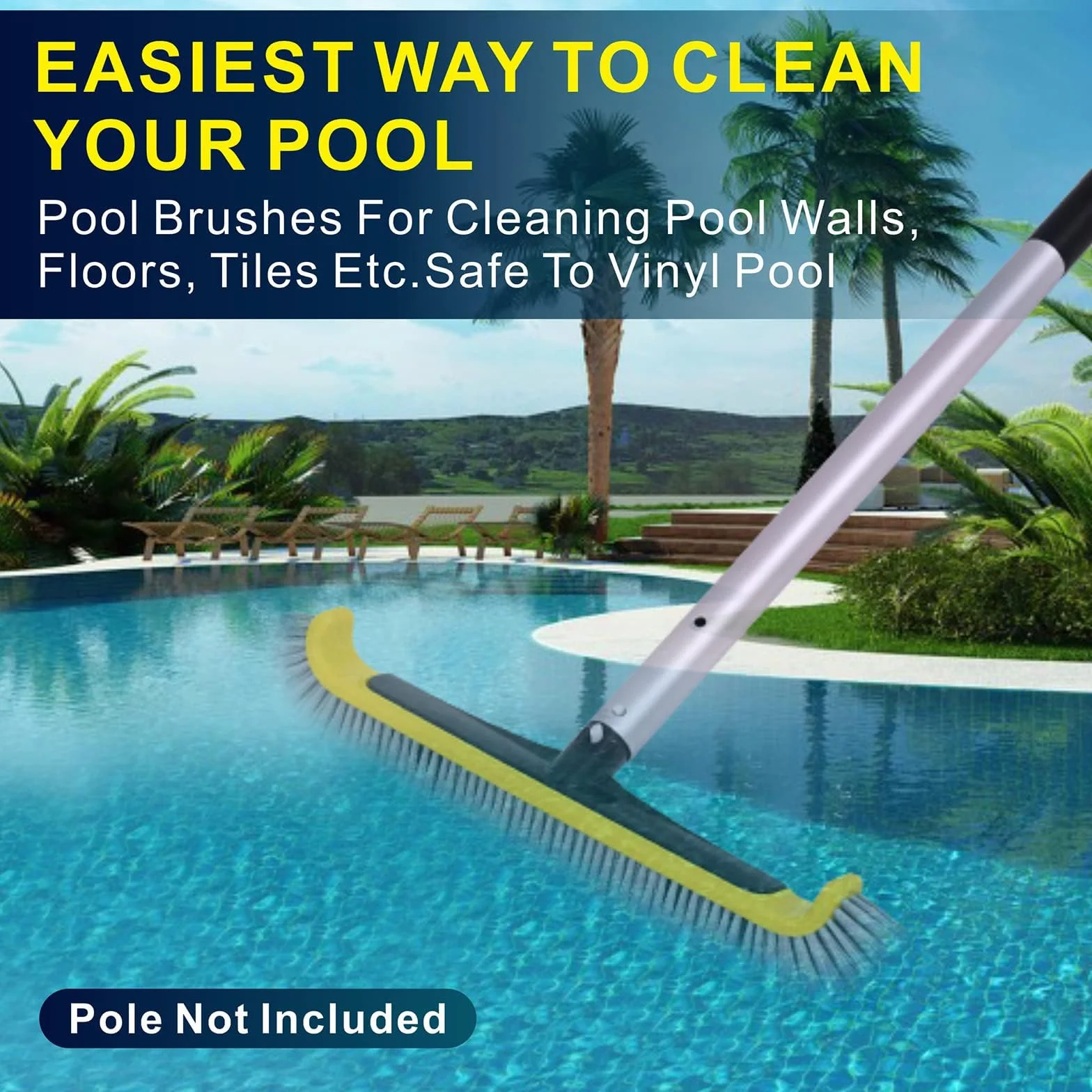 POOLAZA Brosse pour piscine avec manche en aluminium, tête robuste, brosse en nylon nettoyage parois marches angles