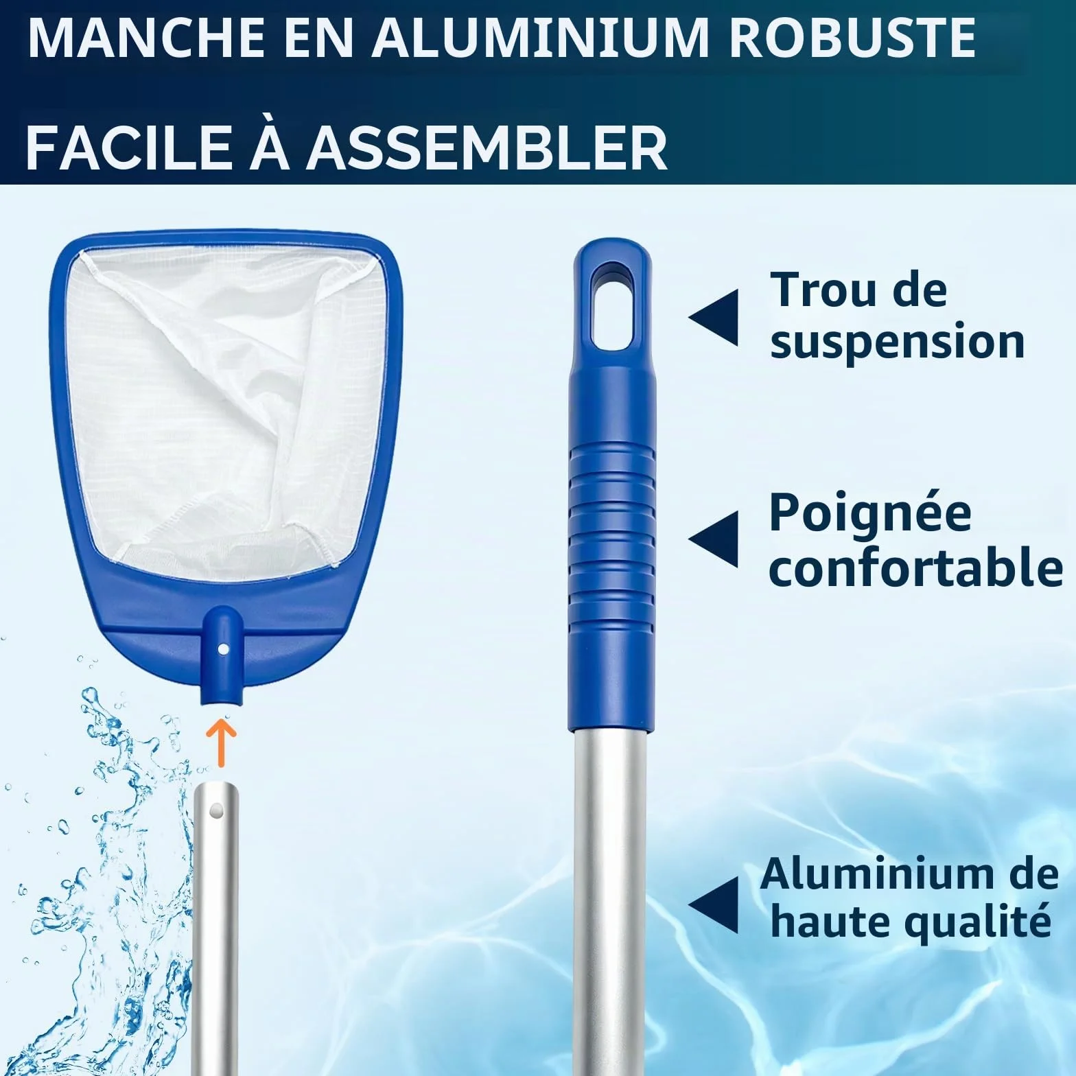 POOLIFE Épuisette de piscine avec poignée, filet à mailles ultra fines