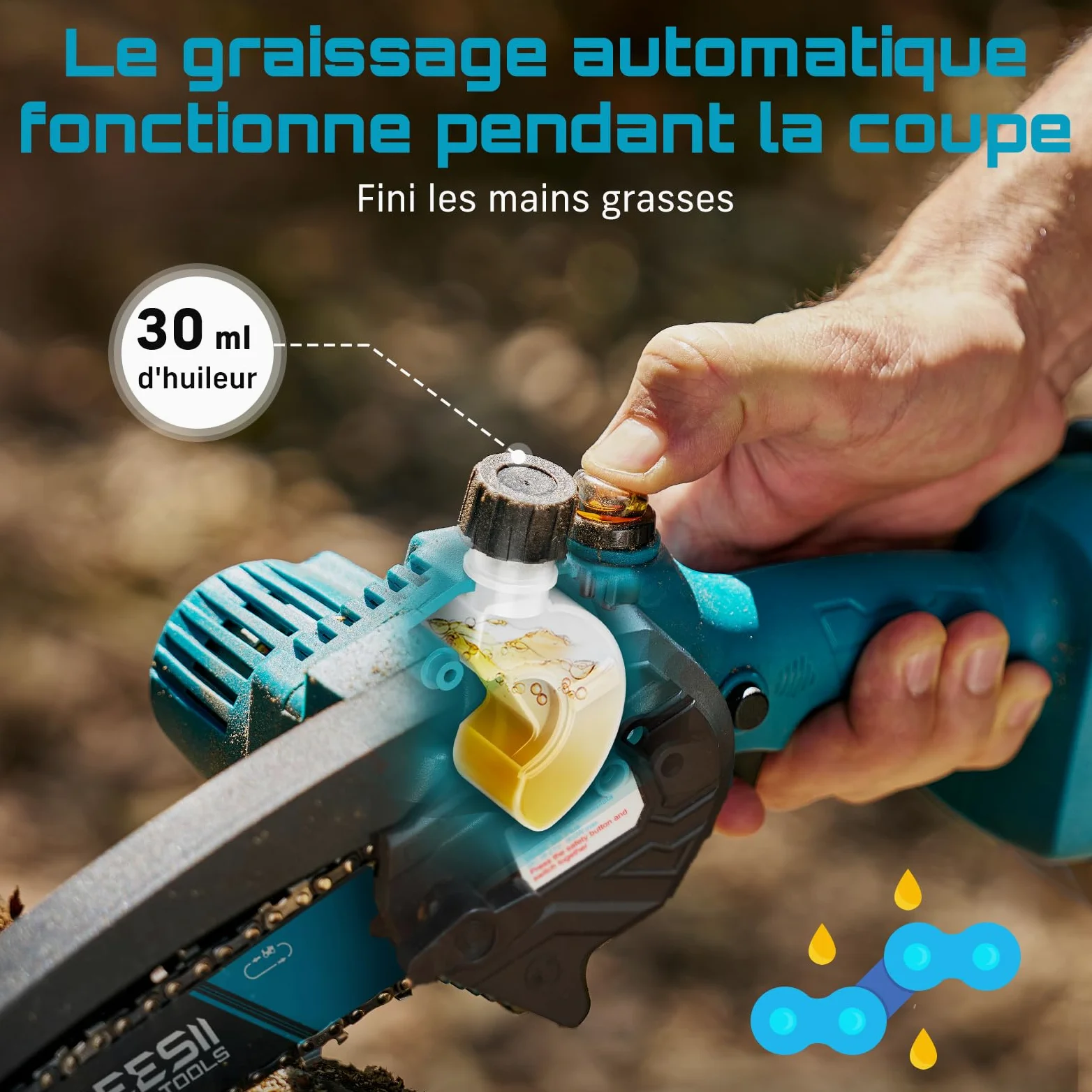 SEESII Mini Tronçonneuse à Batterie 6 Pouces avec Injecteur de Lubrifiant | Tronçonneuse Électrique sans Fil avec 2x2.0Ah Batteries, Mini Scie à Chaîne Électrique Rechargeable avec 2 Chaînes