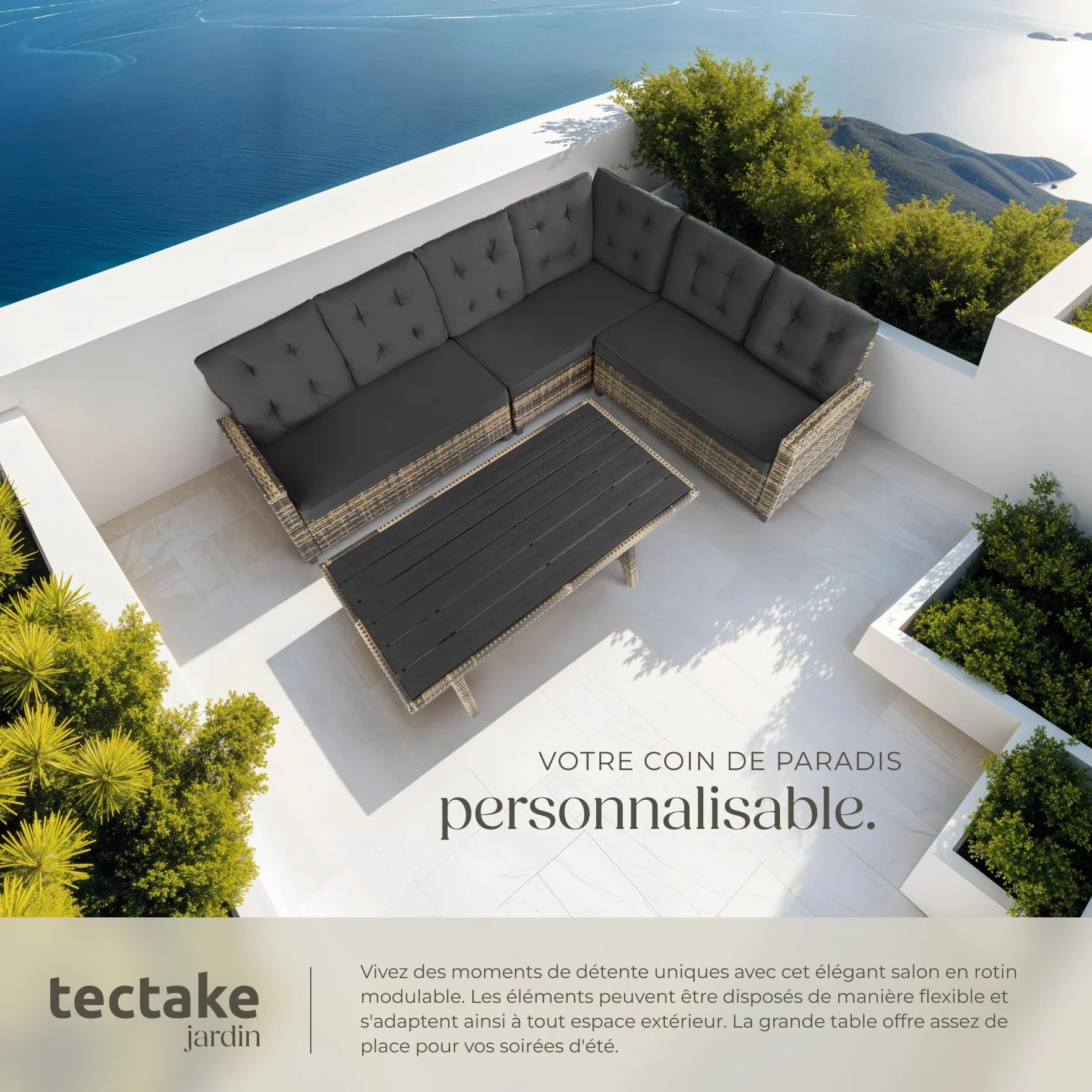 tectake Ensemble Salon de Jardin XXL Poly Rotin Canapé 6 Places Table Jardin Mobilier Exterieur