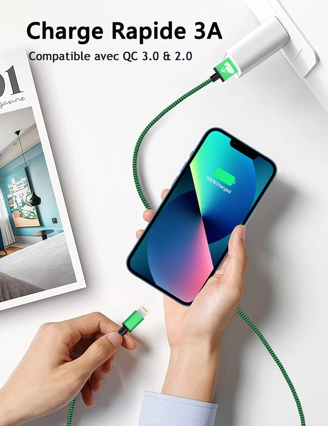 Aioneus Câble iPhone Chargeur Lightning USB MFi Nylon Tressé 2m Lot de 3 Charge Rapide pour iPhone 14 Pro Max 13 12 11 XR XS X 8 7 Plus SE iPad