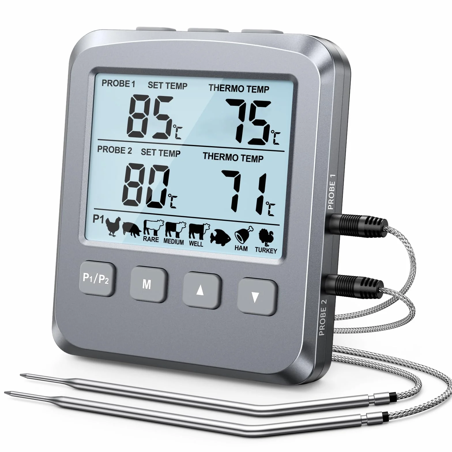 Thermomètre Cuisine Numérique Double Sonde avec Grand Écran LCD, Alarme et Lecture Rapide