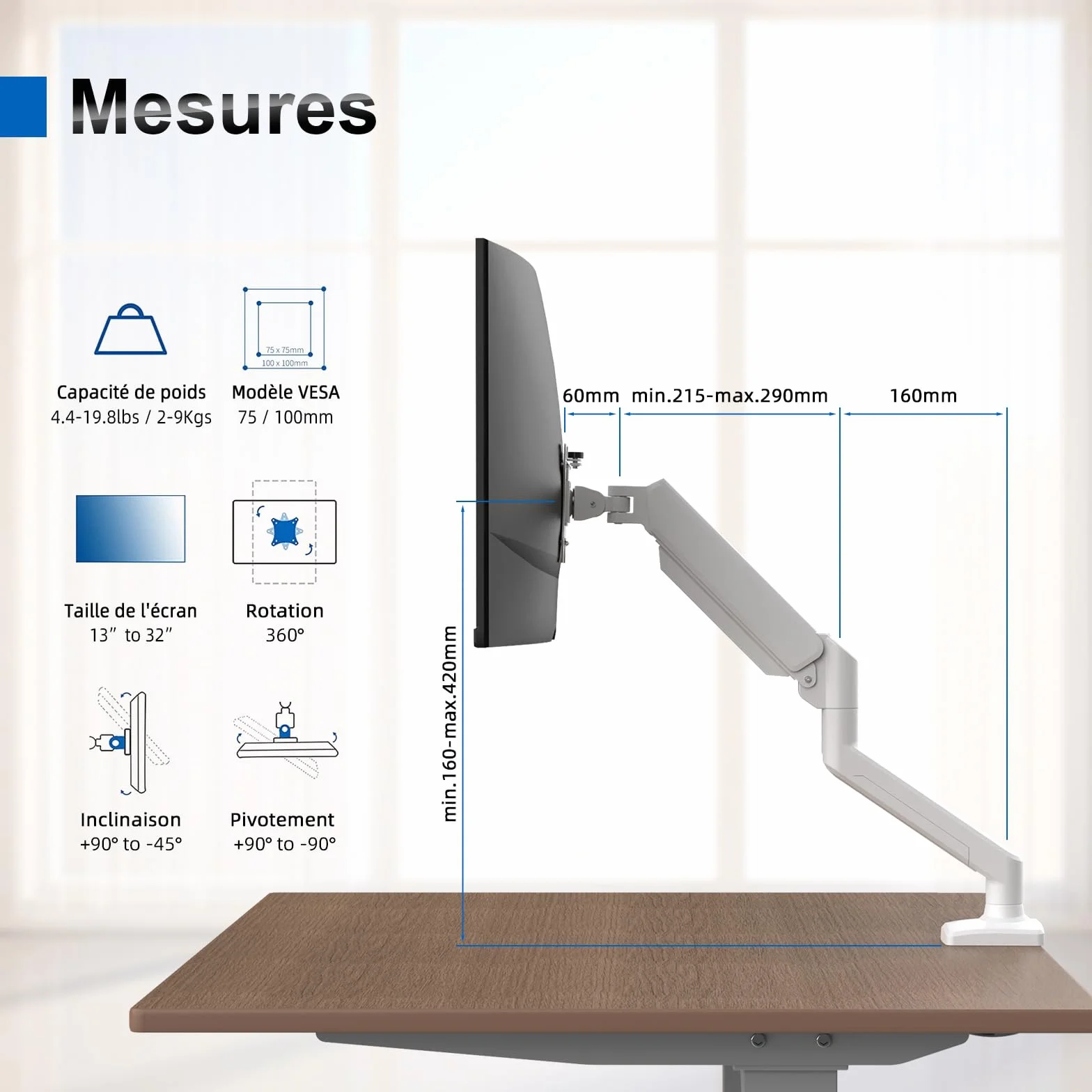 GRIFEMA GB2003W-1 Bras Ecran PC VESA 75x75-100x100 mm Rotation 360° Réglable Hauteur 9 kg Blanc