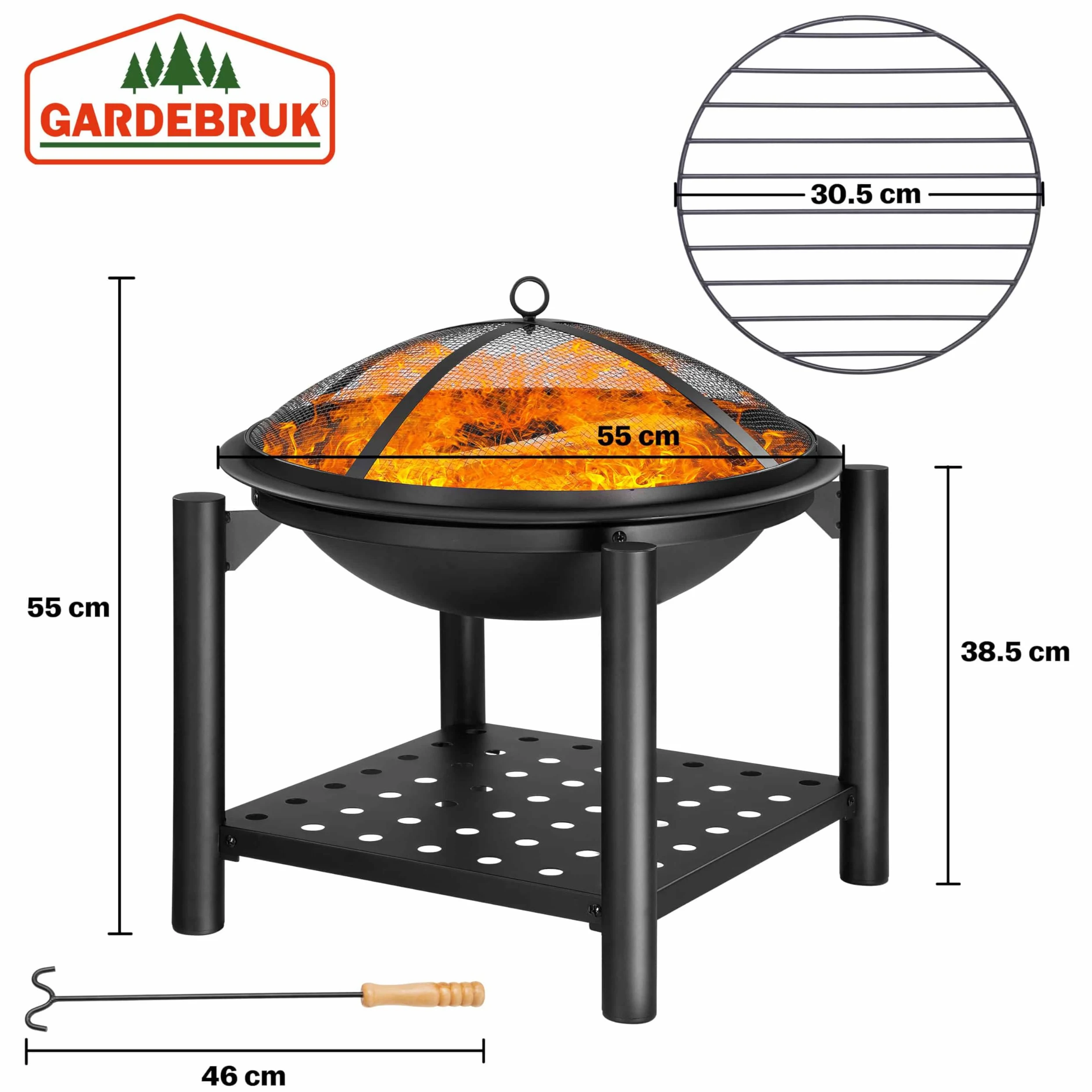 Gardebruk® Brasero de Jardin avec Pare-étincelles Couvercle tisonnier Ø55 cm Support à Bois Acier Noir Jardin Terrasse Cheminée
