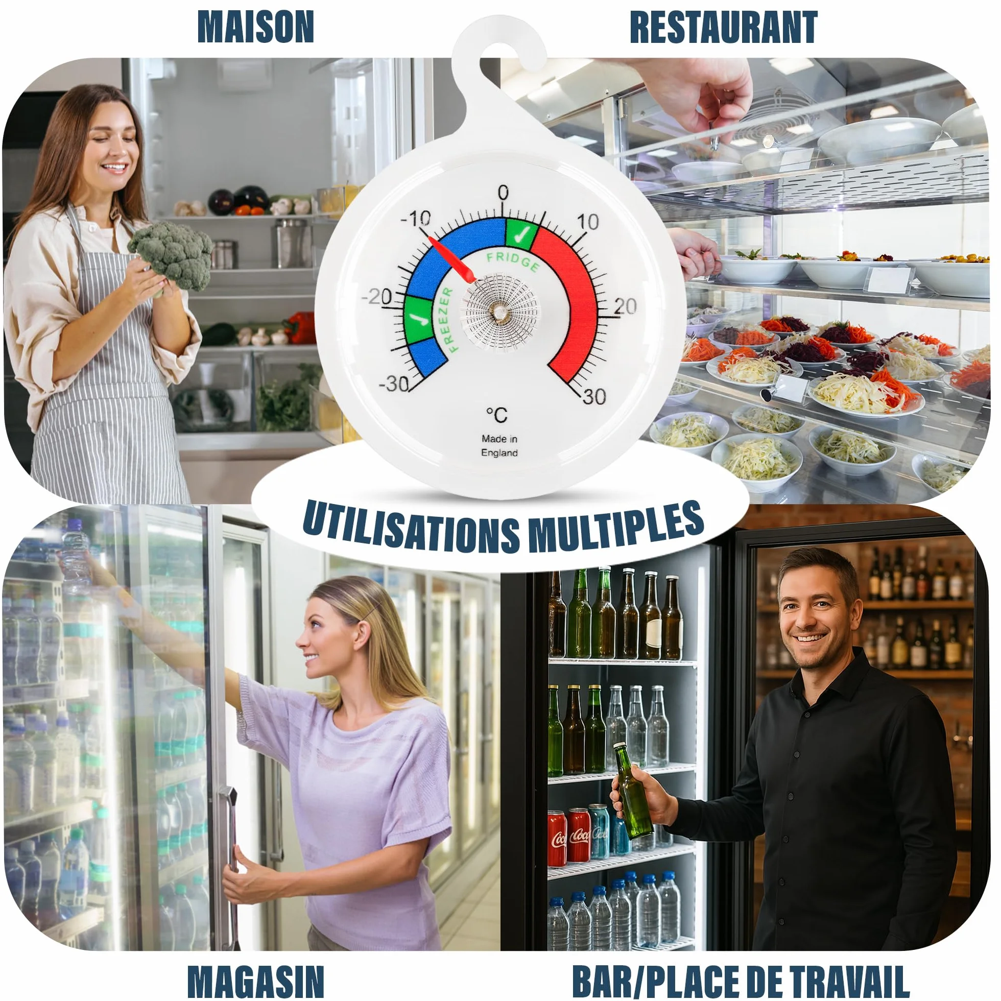 Lot de 2 thermomètres de réfrigérateur à cadran 65 mm zones colorées