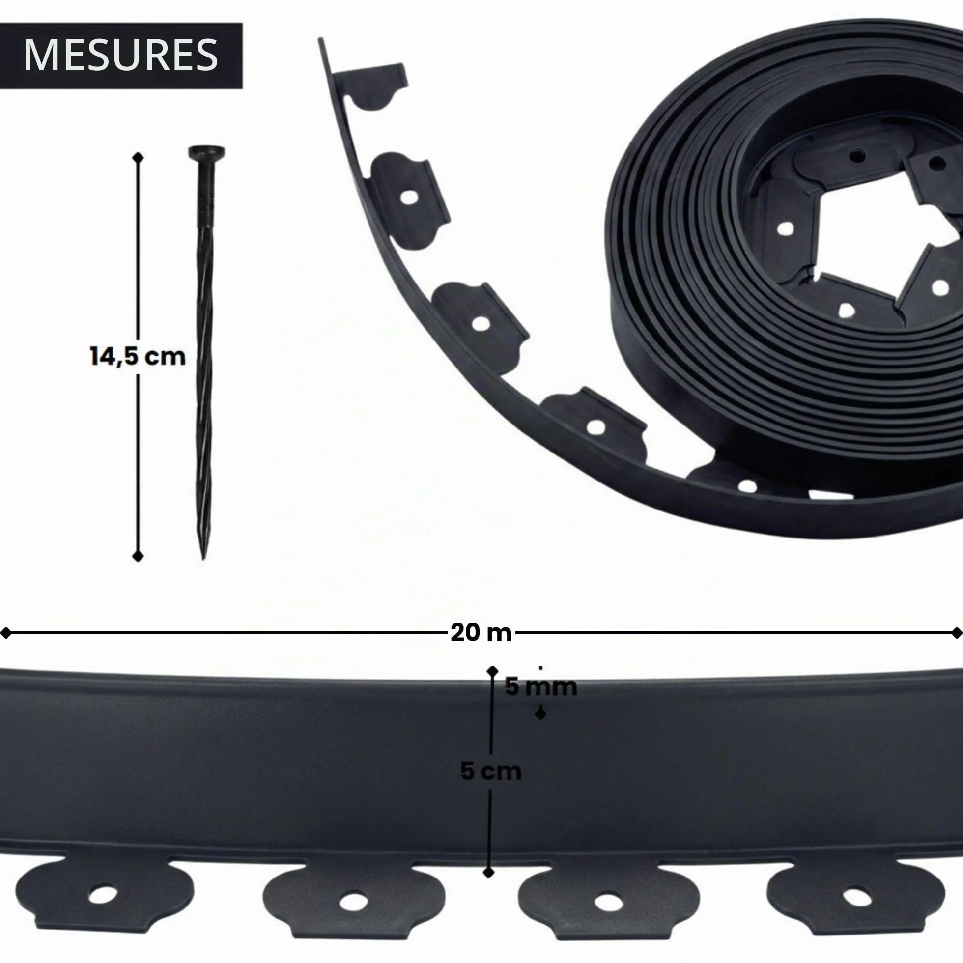 Bordure Jardin extérieur 20 m Flexible Plastique 5 mm Noir avec 60 piquets