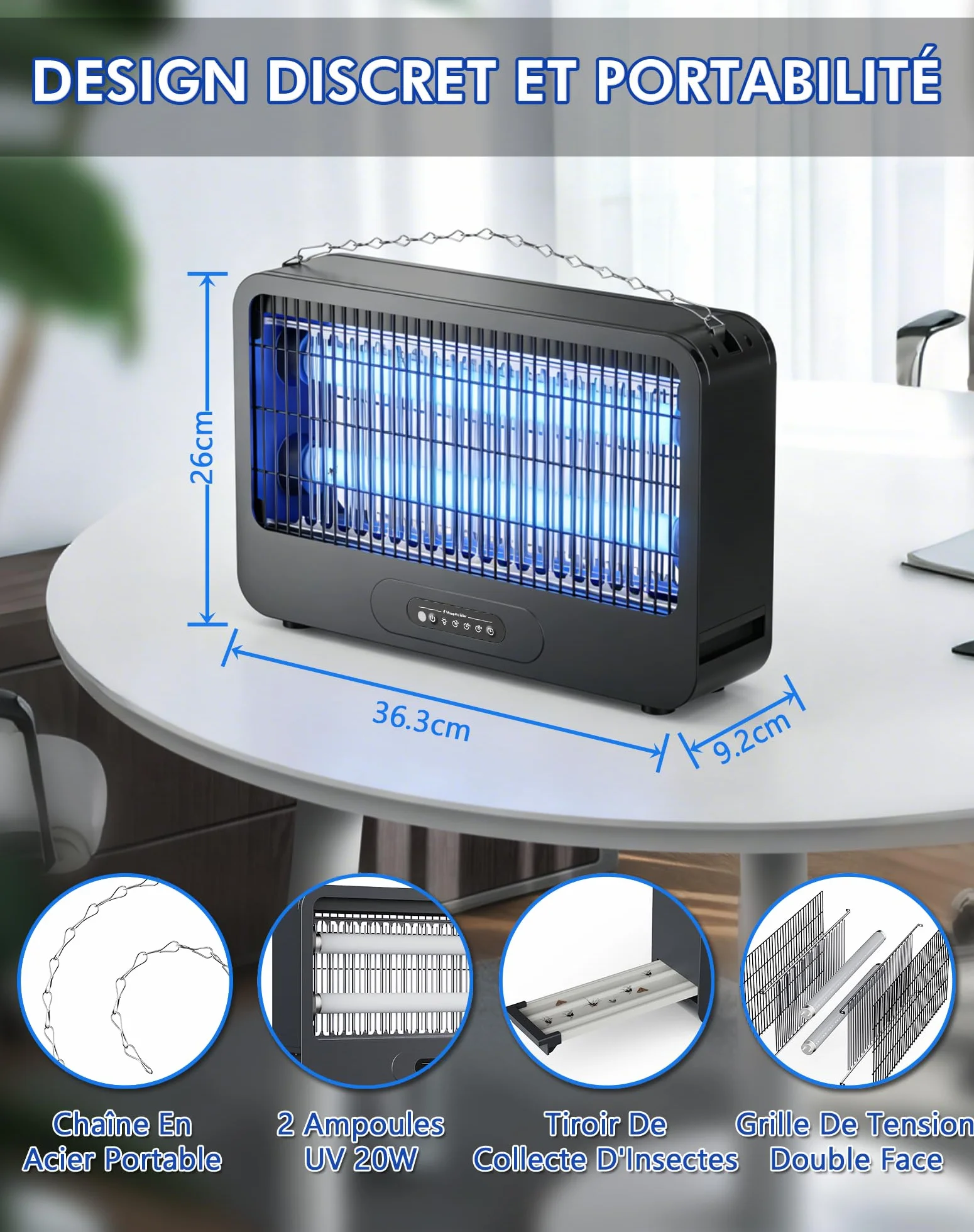 Lampe Anti Moustique 3500V UV 20W Tue Mouche Électrique avec Chaîne Métallique Télécommande Intérieur Extérieur 100m²