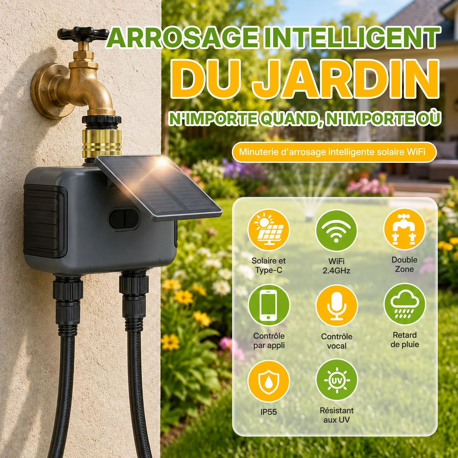 Mcbazel Programmateur d’Arrosage Automatique WiFi à 2 Sorties pour Jardin et Pelouse, avec Panneau Solaire Rechargeable, Conception Étanche IP55, Compatible Application Smart Life et Assistants Vocaux