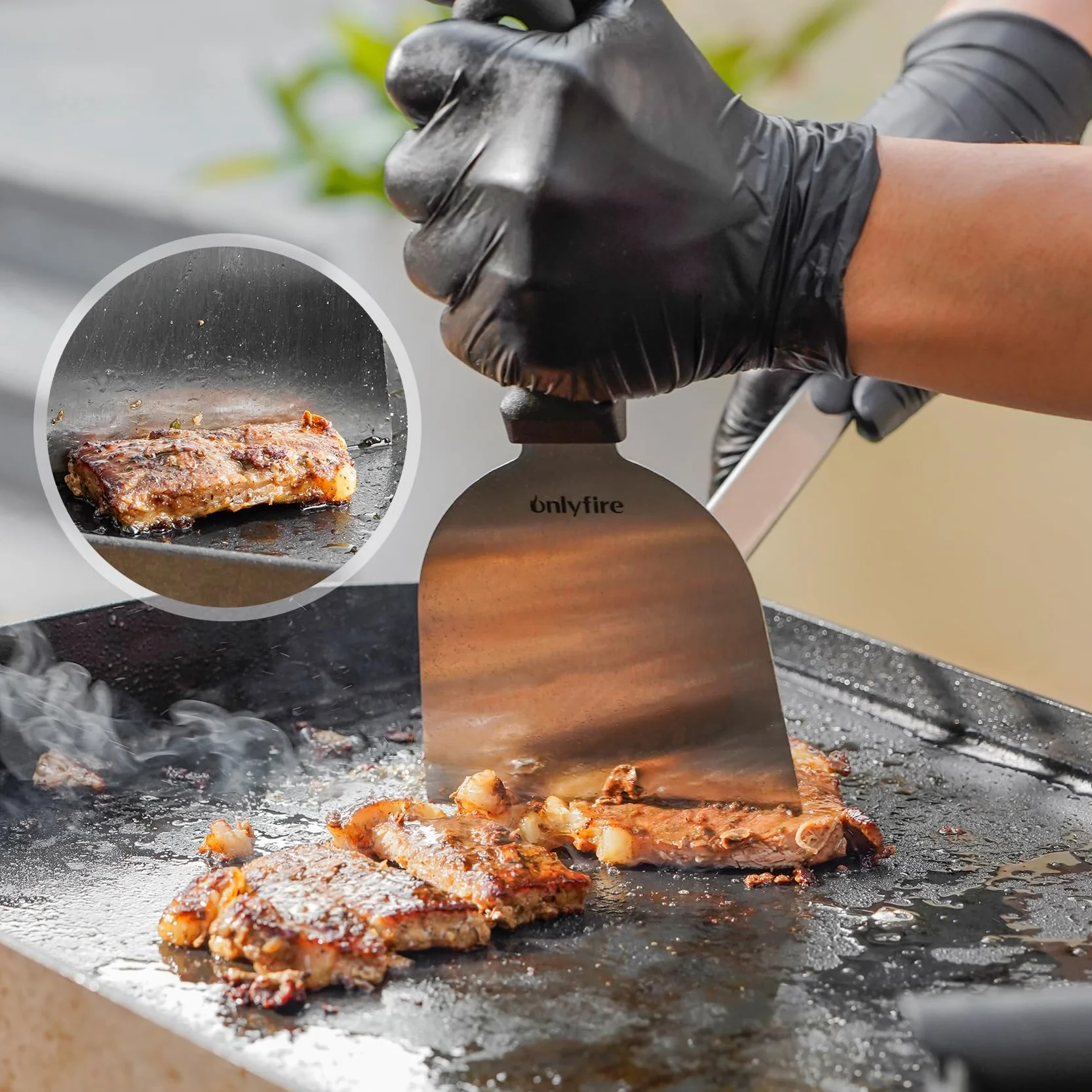 Onlyfire Set Accessoires Plancha 4 Pièces – Presse Burger Fonte, Spatule Perforée, Spatules