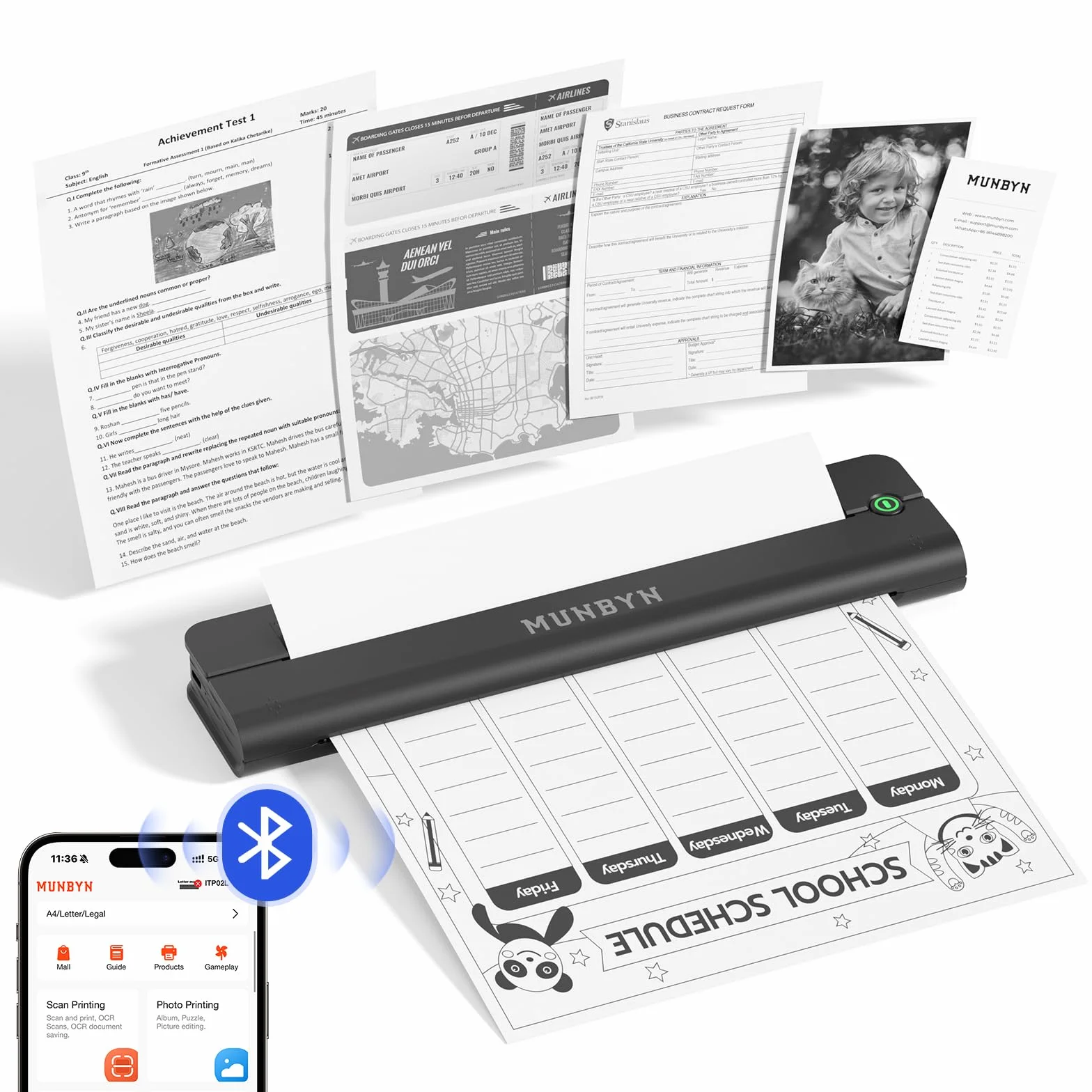 MUNBYN ITP02 Imprimante Thermique A4 Bluetooth Portable sans Fil Noir