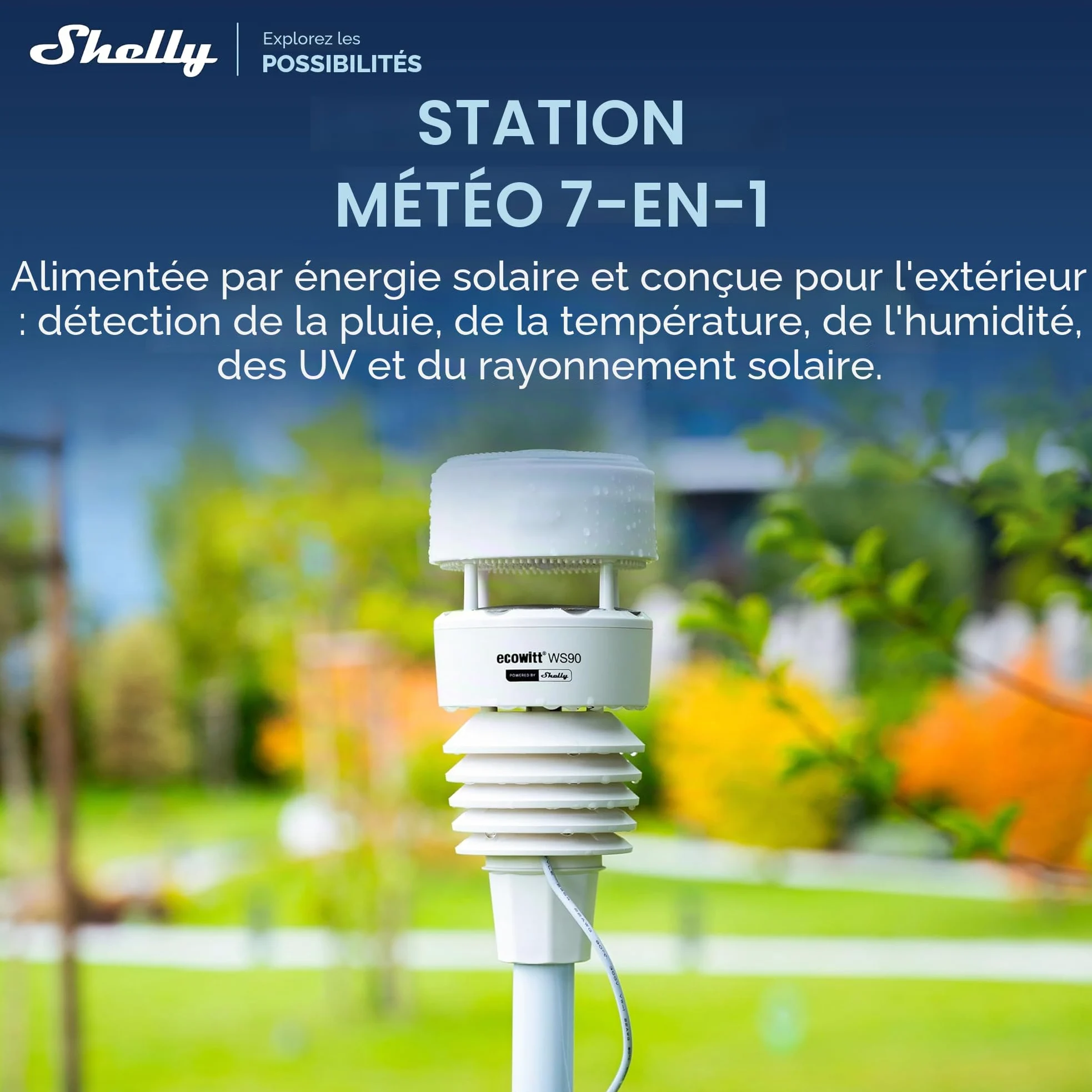 Ecowitt WS90 – Station météo sans fil extérieure, alimentée par Shelly, Bluetooth et Zigbee, Thermomètre et hygromètre connecté, Mesure vent, pluies, UV, Baromètre, IPX5, Aliemntation solaire