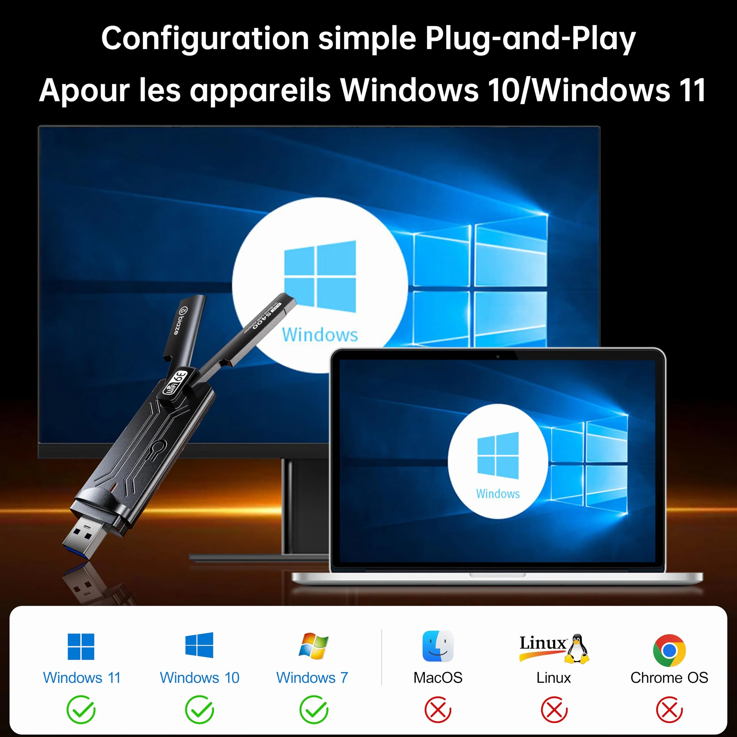 Adaptateur WiFi 6E sans fil 5400 Mbit/s USB 3.0 double bande pour PC ordinateur portable carte réseau Plug and Play antenne externe
