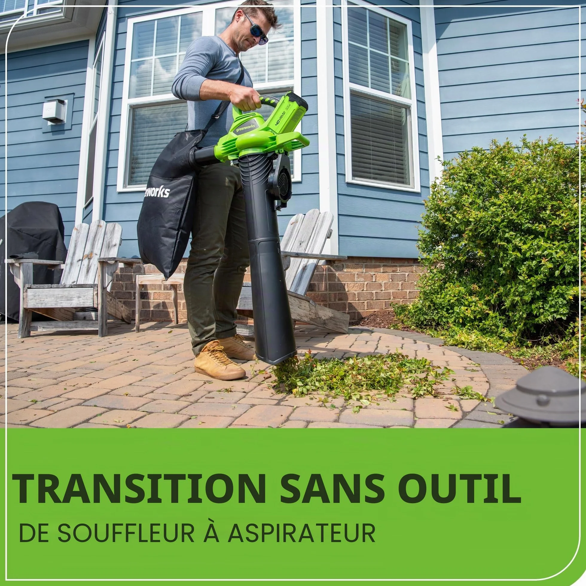 Greenworks GD40BV 40V Aspirateur Souffleur Sans Fil Sans Balais 280 km/h 9,63 m³/min Sac Mulching 45L