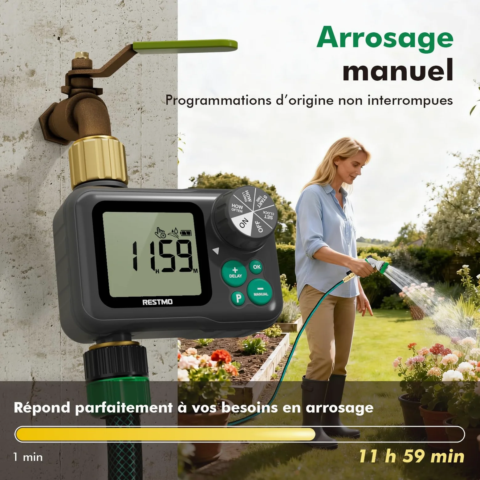RESTMO Programmateur arrosage 1 Zone avec Puce RF intégrée et télécommande | Entrée et sortie en laiton, mode automatique/manuel/retardateur pluie, convient aux robinets extérieurs