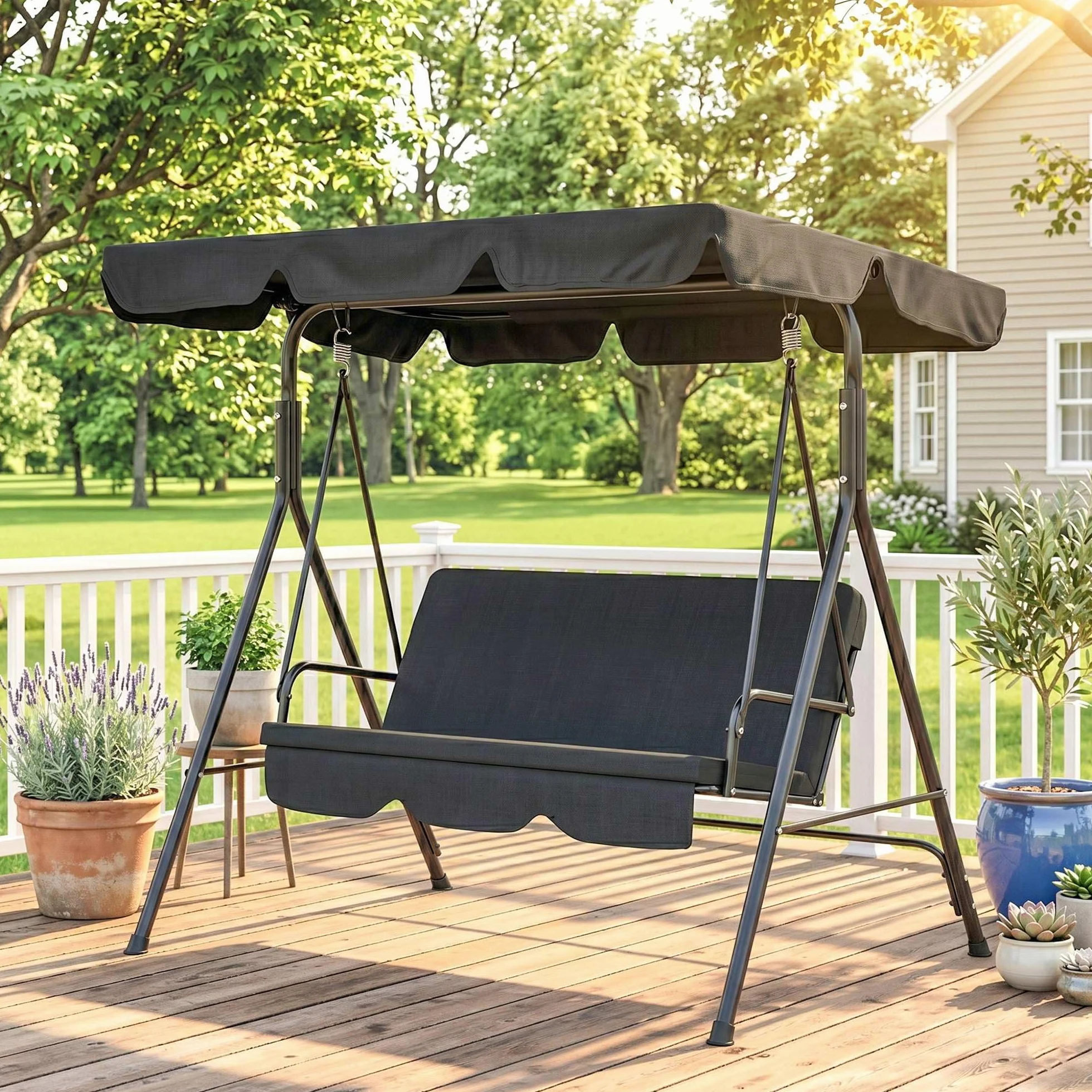 Outsunny Balancelle de Jardin 3 Places Toit Inclinaison réglable Acier Noir
