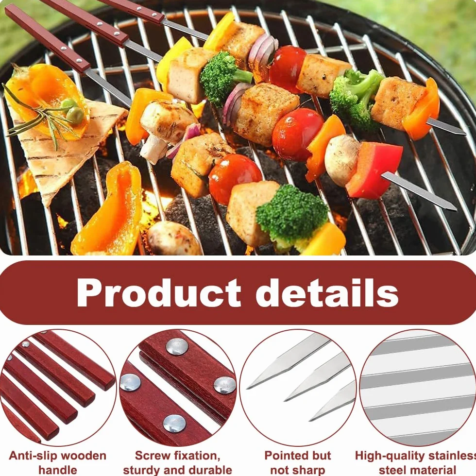 Brochette Inox 35cm Pic à Brochette avec Manche en Bois Réutilisable Résistante à la Chaleur Barbecue 10 Pièces