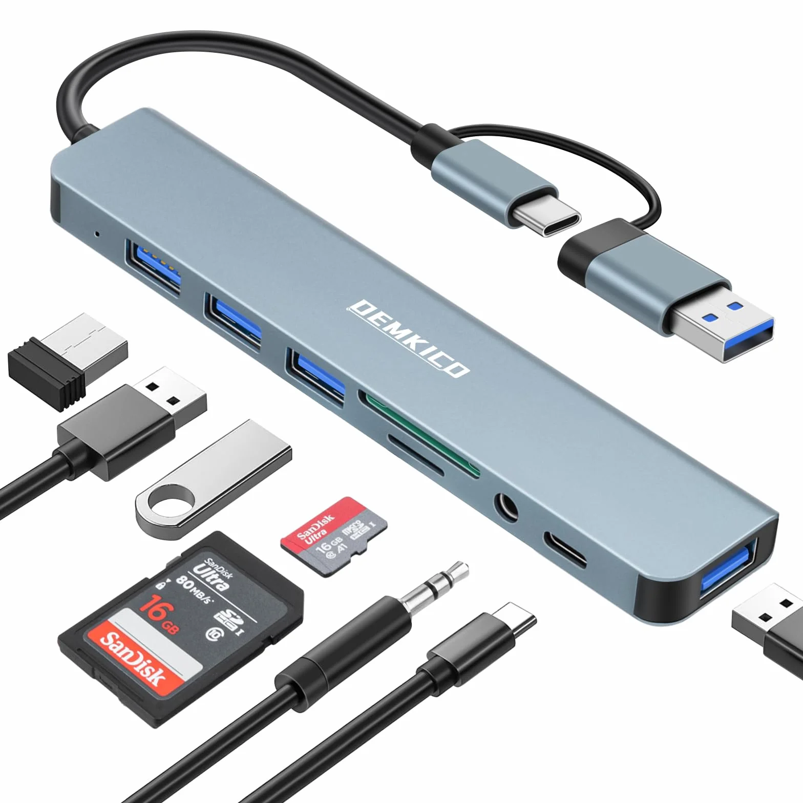 Hub USB C 8 en 1 avec 4 Ports USB, Lecteur SD/TF, Prise Casque 3,5 mm, Port USB C, Compatible MacBook Pro/Air, Tablettes, Smartphones - Gris
