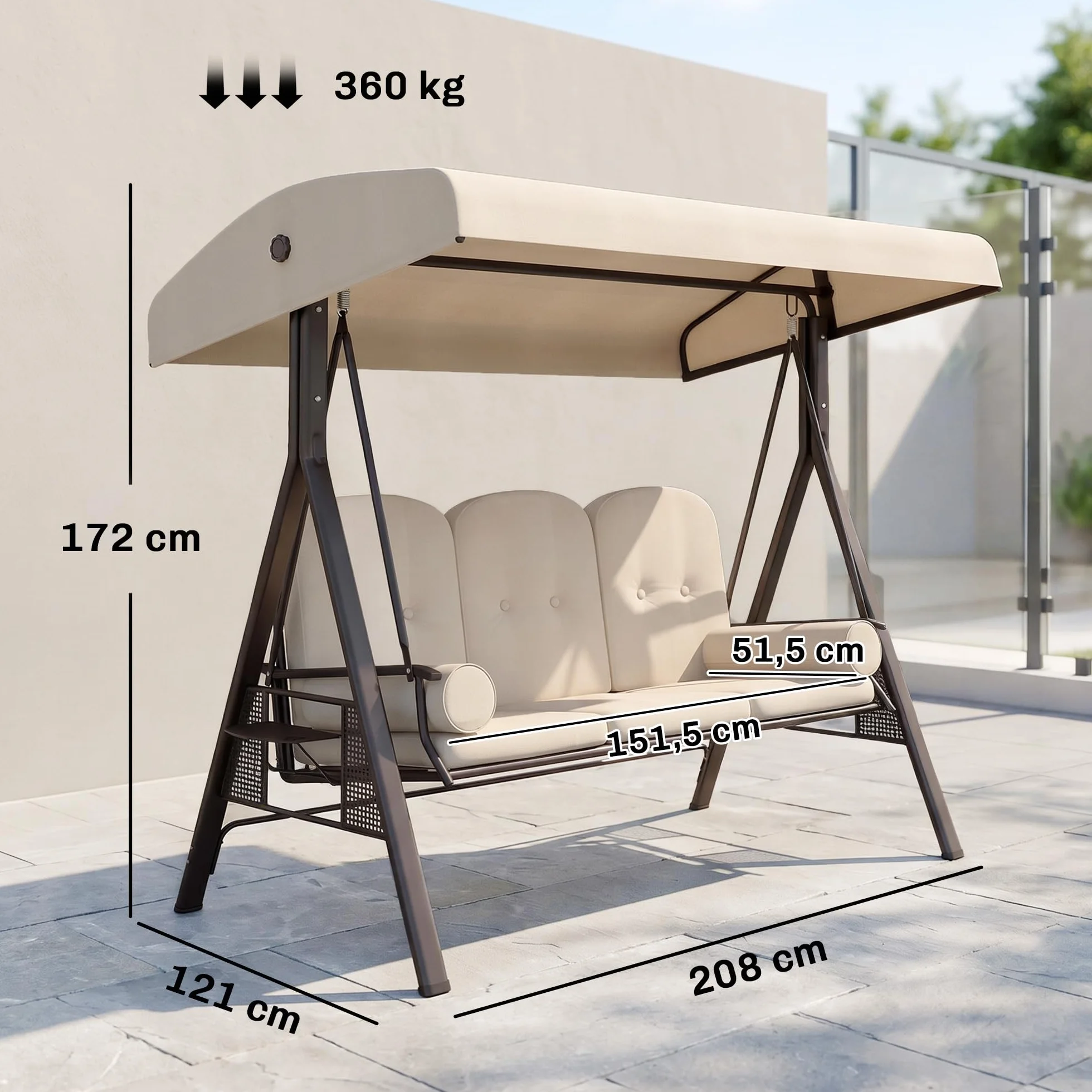 Outsunny Balancelle de Jardin 3 Places Grand Confort Toit Inclinaison réglable Coussins Plateaux rétractables Beige