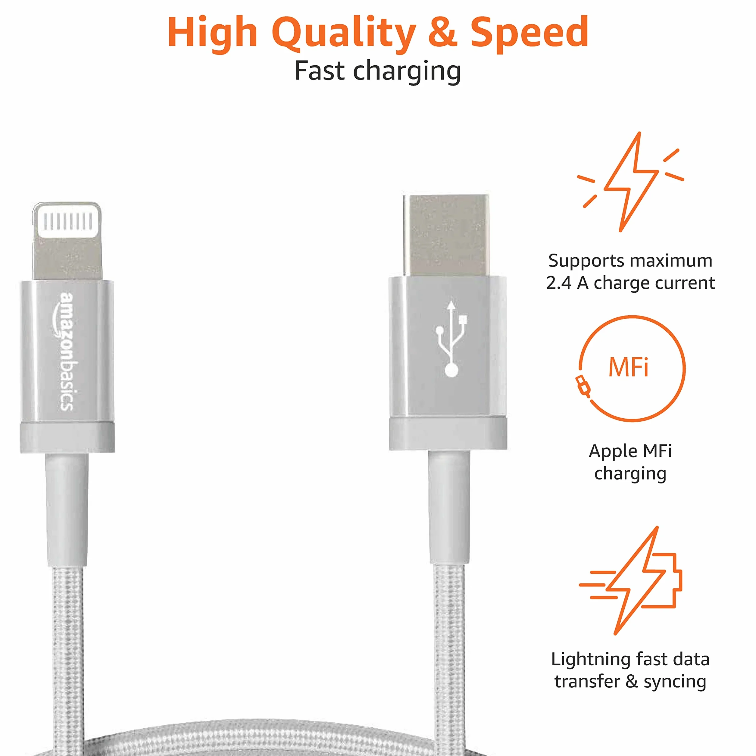 Amazon Basics Câble USB-A vers Lightning en nylon tressé Chargeur certifié MFi pour iPhone 0.9 m Argenté