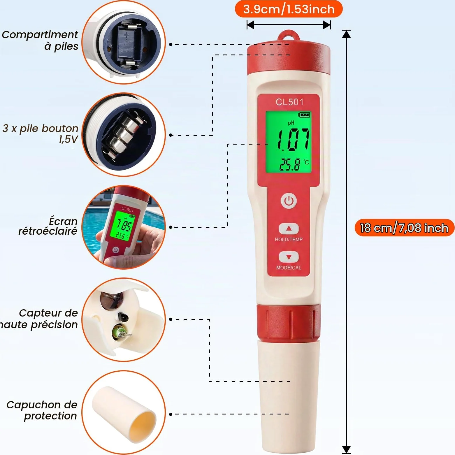 Testeur de Chlore Piscine Portatif Testeur de Qualité d'eau 5 en 1 Numérique Testeur de pH/Cl₂/ORP/H₂/Thermomètre Meter avec Bandelettes de Test pH et Display Backlit pour Spas Aquariums Hydroponique