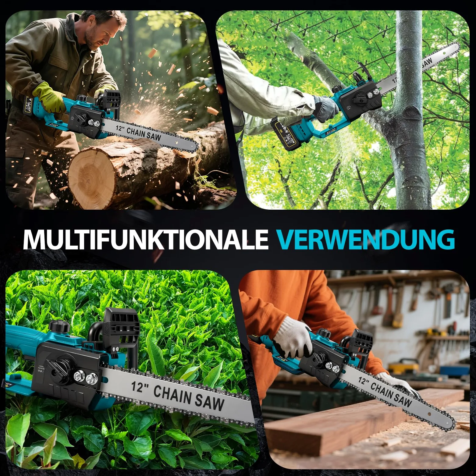 WingFly Tronçonneuse électrique sans fil 12 Pouces avec Batterie 4000 mAh, 1200 W Tronçonneuse à Batterie avec Lubrification Automatique, pour Couper le bois, arbres, jardinage