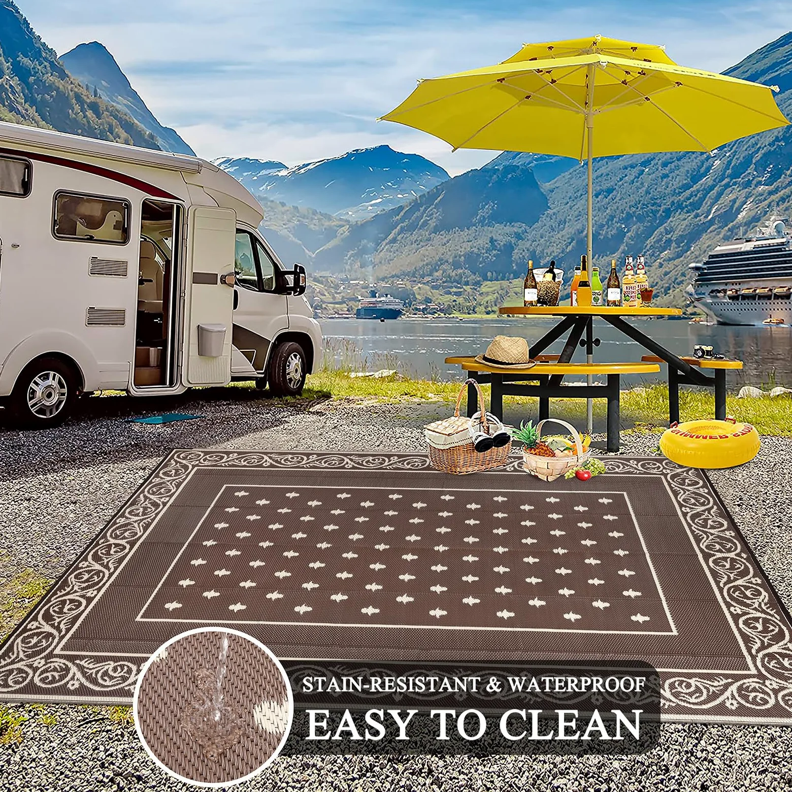 Pauwer Tapis d'extérieur imperméable de 2,4 x 3 m pour patio, tapis réversible avec paille en plastique, tapis d'intérieur et d'extérieur pour camping-car, pique-nique, jardin, terrasse, balcon,